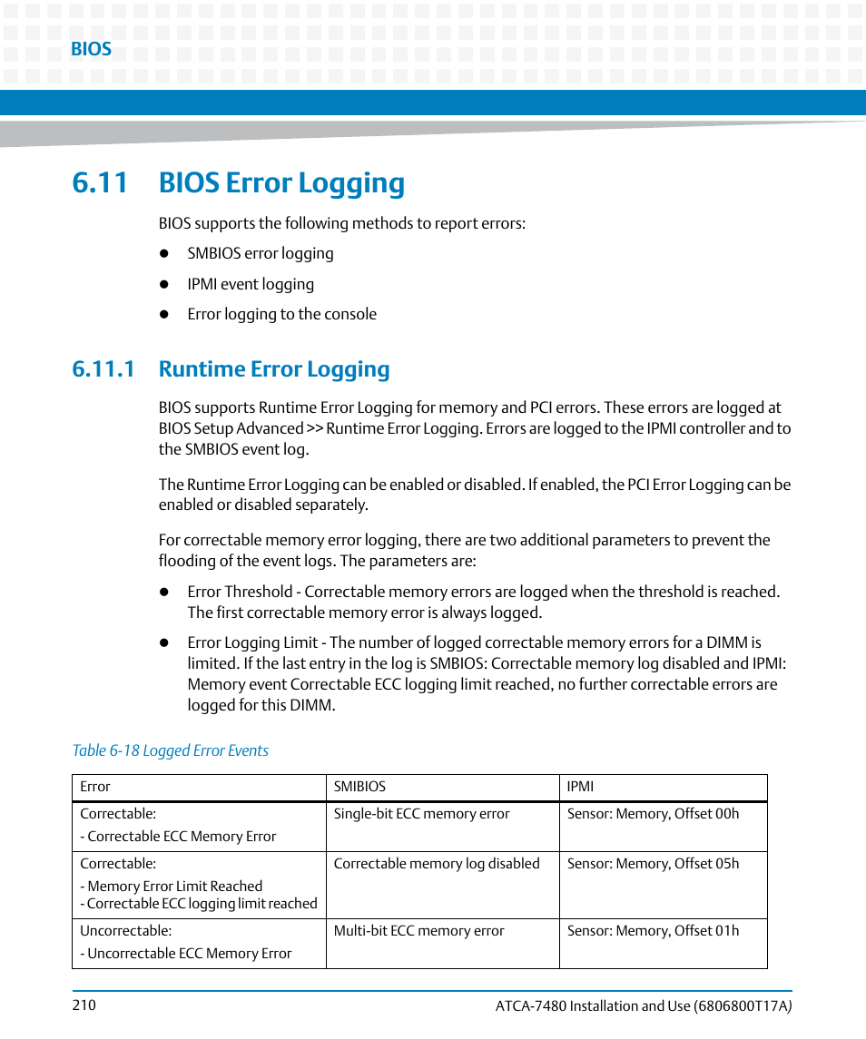 11 bios error logging, 1 runtime error logging, Table 6-18 | Logged error events, Bios | Artesyn ATCA-7480 Installation and Use (February 2015) User Manual | Page 210 / 330