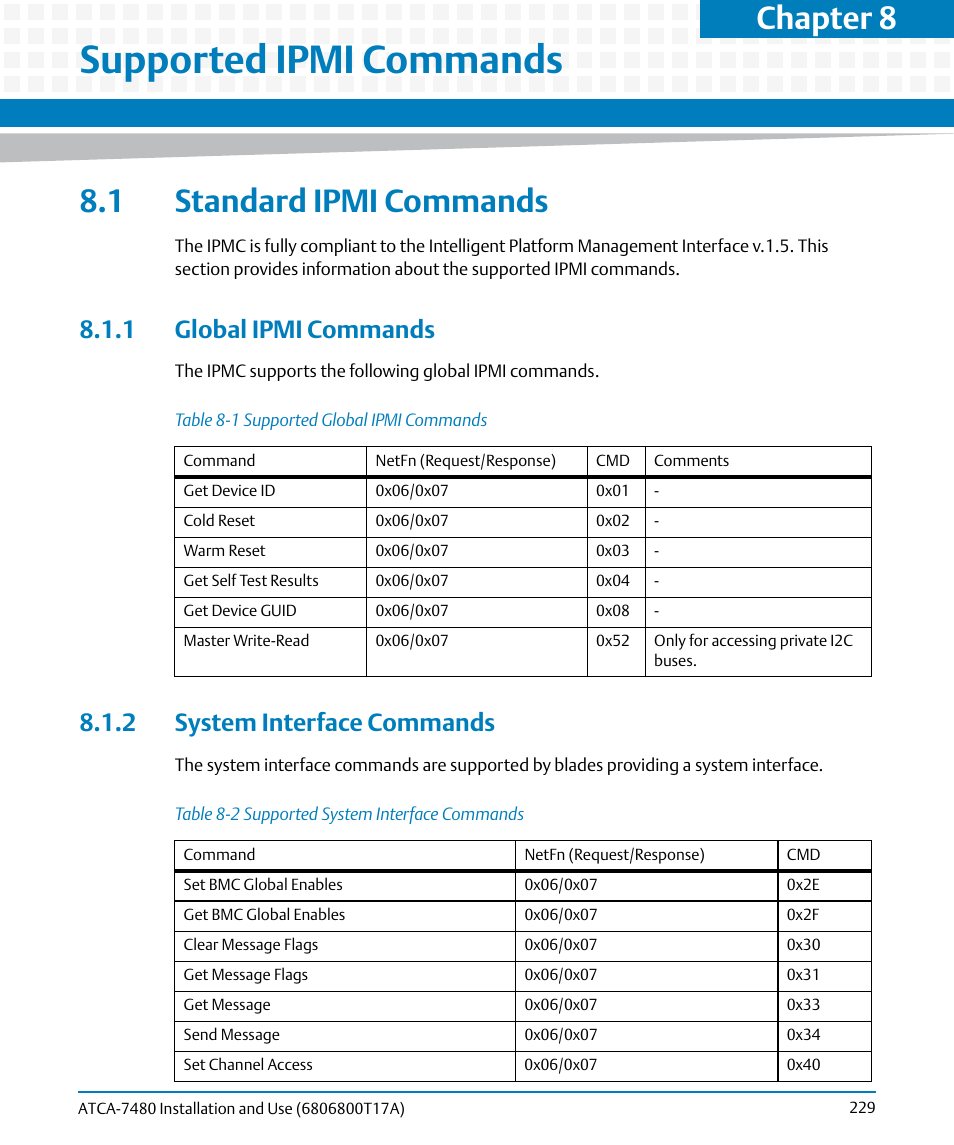 Supported ipmi commands, 1 standard ipmi commands, 1 global ipmi commands | 2 system interface commands, Table 8-1, Supported global ipmi commands, Table 8-2, Supported system interface commands, Chapter 8 | Artesyn ATCA-7480 Installation and Use (February 2015) User Manual | Page 229 / 330