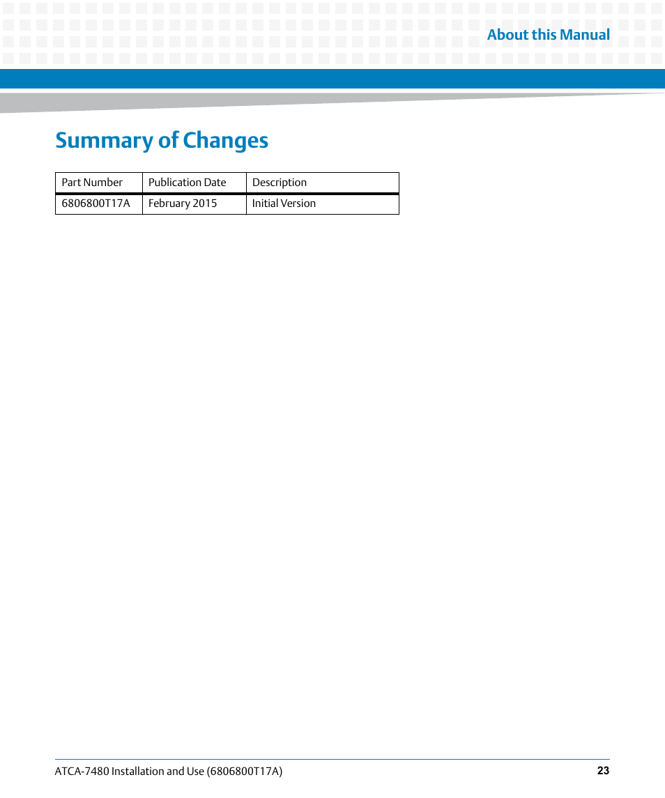 Summary of changes, About this manual | Artesyn ATCA-7480 Installation and Use (February 2015) User Manual | Page 23 / 330