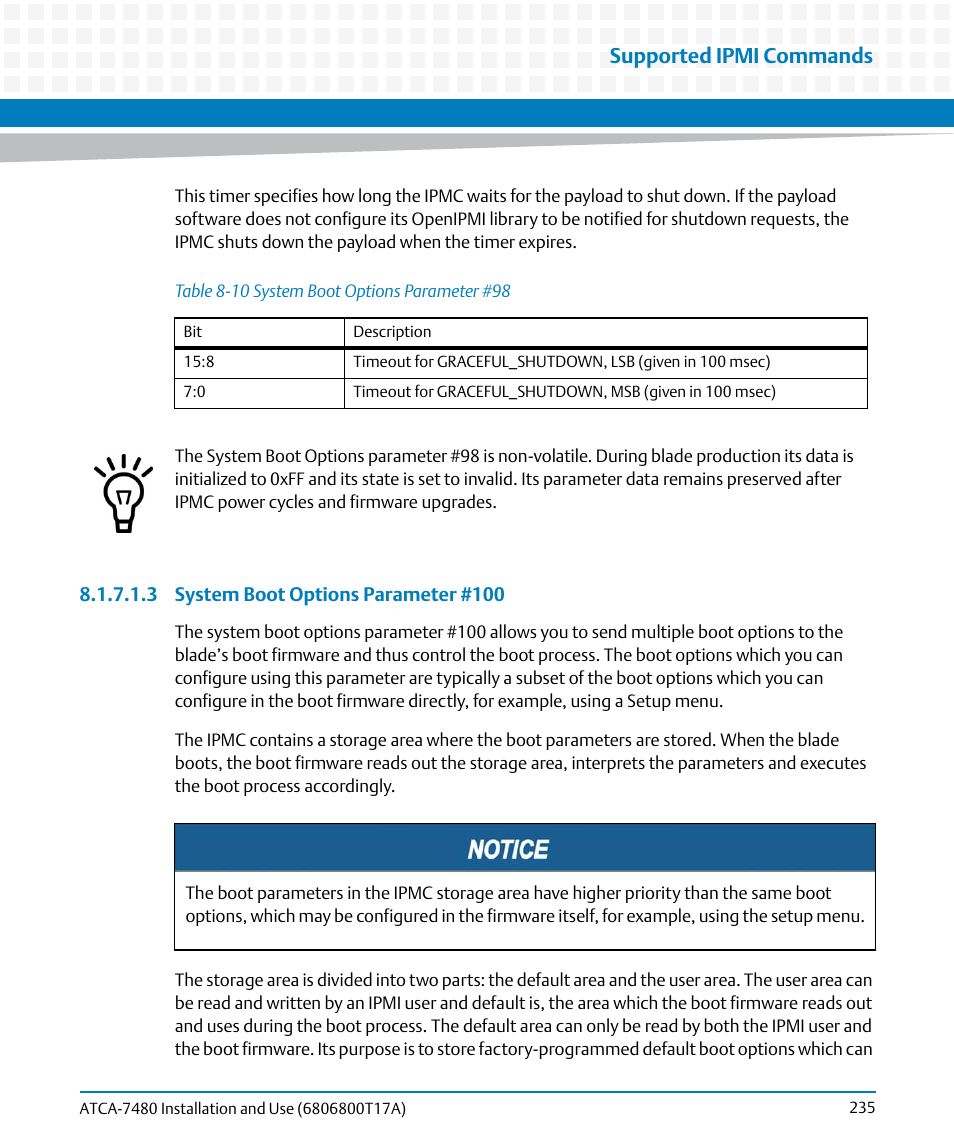 Table 8-10, System boot options parameter #98, Ble in | System boot options parameter #100, Supported ipmi commands | Artesyn ATCA-7480 Installation and Use (February 2015) User Manual | Page 235 / 330