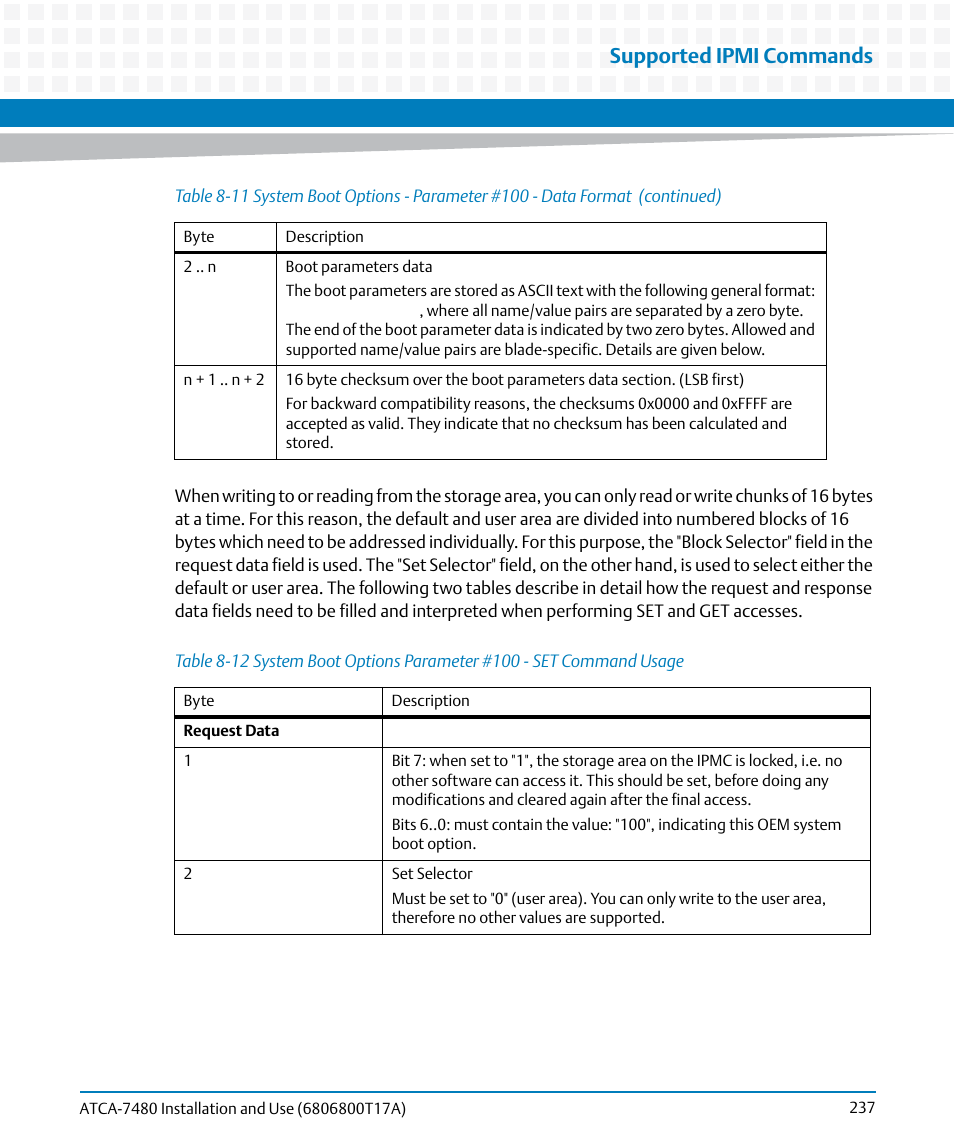 Table 8-12, Supported ipmi commands | Artesyn ATCA-7480 Installation and Use (February 2015) User Manual | Page 237 / 330