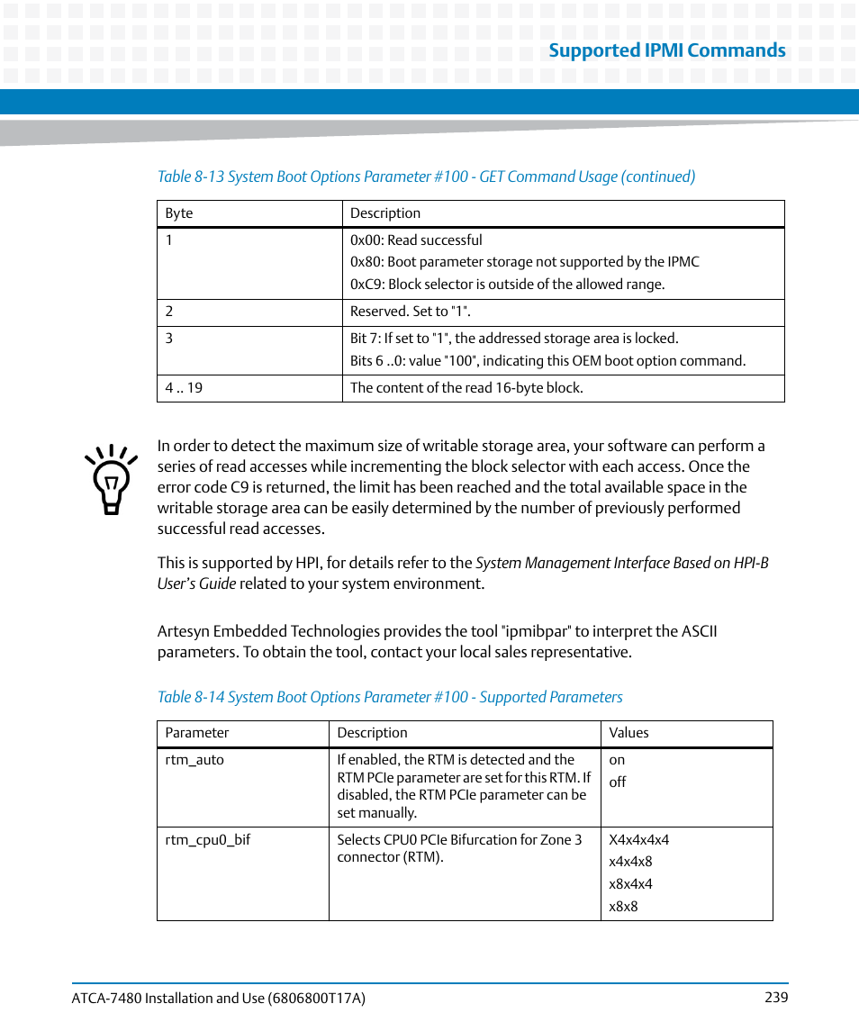 Table 8-14, Supported ipmi commands | Artesyn ATCA-7480 Installation and Use (February 2015) User Manual | Page 239 / 330