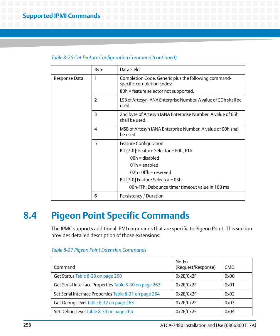 4 pigeon point specific commands, Table 8-27, Pigeon point extension commands | Supported ipmi commands | Artesyn ATCA-7480 Installation and Use (February 2015) User Manual | Page 258 / 330