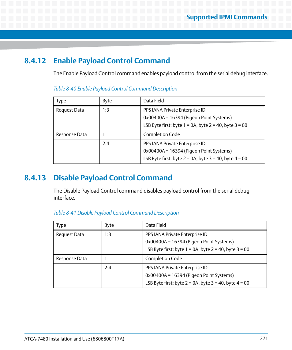 12 enable payload control command, 13 disable payload control command, Table 8-40 | Enable payload control command description, Table 8-41, Disable payload control command description, Supported ipmi commands | Artesyn ATCA-7480 Installation and Use (February 2015) User Manual | Page 271 / 330