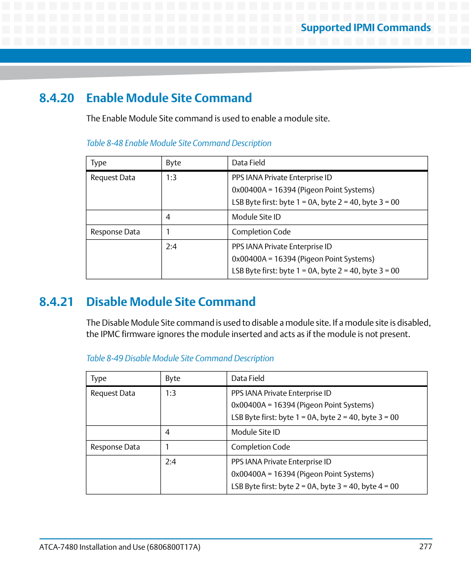 20 enable module site command, 21 disable module site command, Table 8-48 | Enable module site command description, Table 8-49, Disable module site command description, Supported ipmi commands | Artesyn ATCA-7480 Installation and Use (February 2015) User Manual | Page 277 / 330