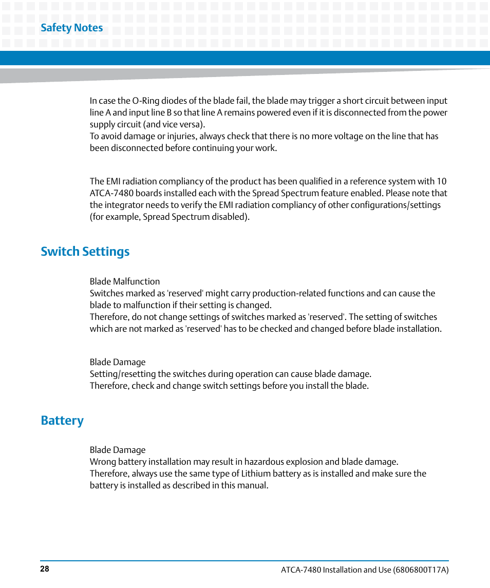 Switch settings, Battery | Artesyn ATCA-7480 Installation and Use (February 2015) User Manual | Page 28 / 330