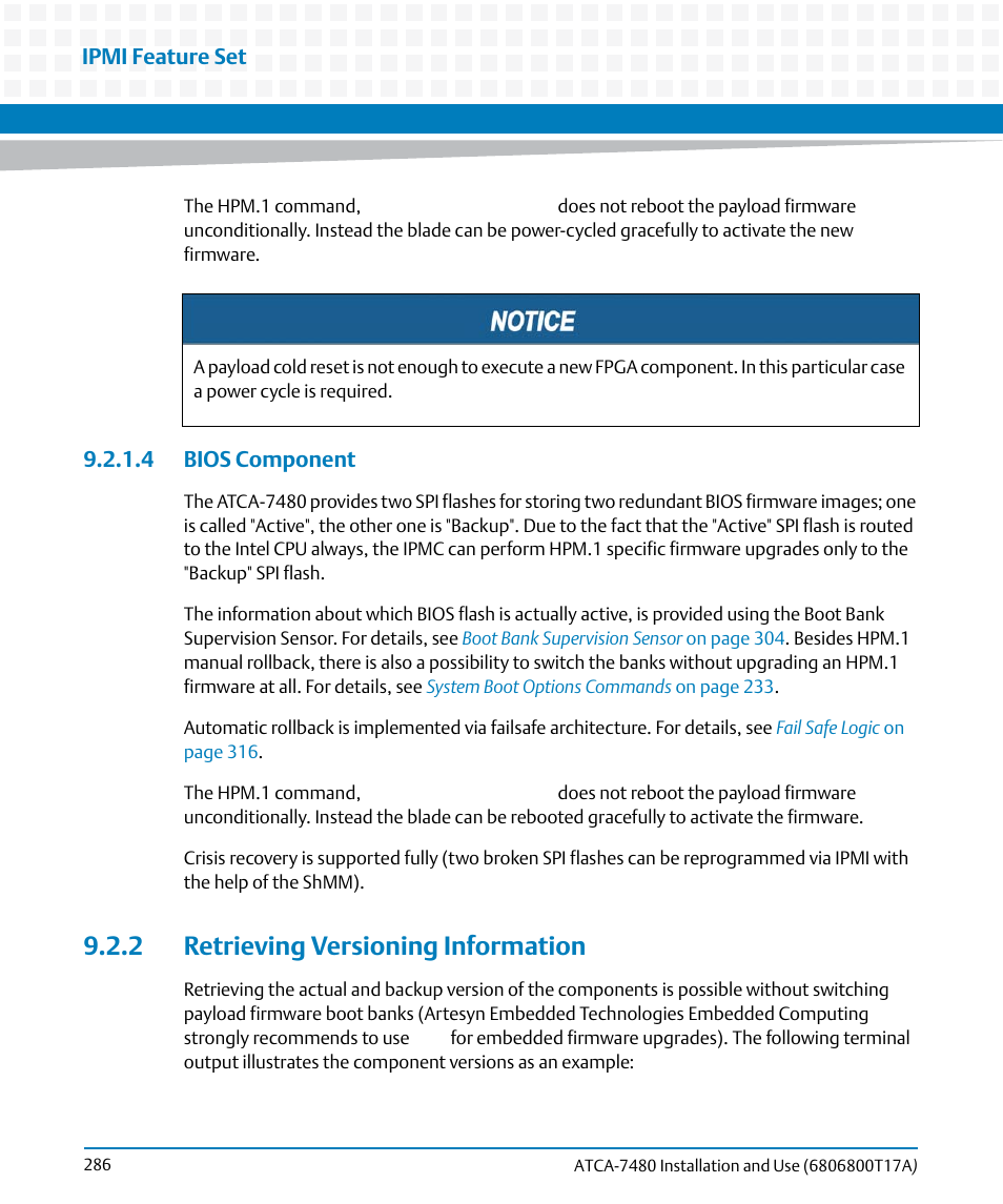 4 bios component, 2 retrieving versioning information | Artesyn ATCA-7480 Installation and Use (February 2015) User Manual | Page 286 / 330