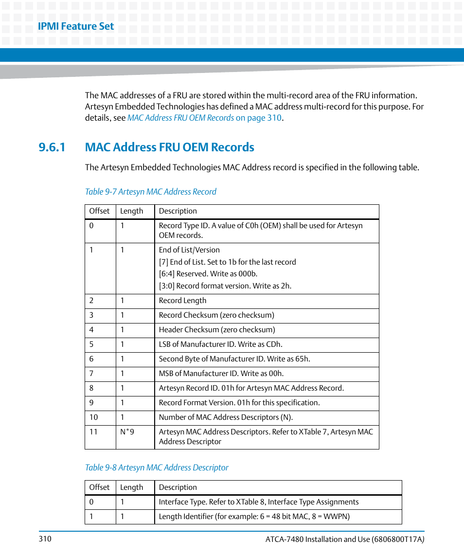 1 mac address fru oem records, Table 9-7, Artesyn mac address record | Table 9-8, Artesyn mac address descriptor, Ipmi feature set | Artesyn ATCA-7480 Installation and Use (February 2015) User Manual | Page 310 / 330