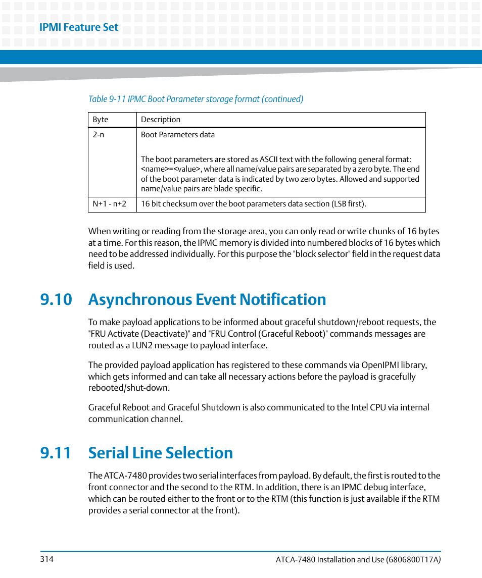 10 asynchronous event notification, 11 serial line selection | Artesyn ATCA-7480 Installation and Use (February 2015) User Manual | Page 314 / 330