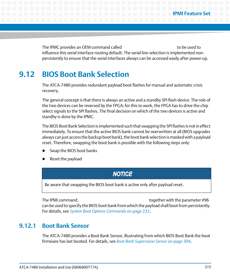 12 bios boot bank selection, 1 boot bank sensor, Bios boot bank selection | Artesyn ATCA-7480 Installation and Use (February 2015) User Manual | Page 315 / 330