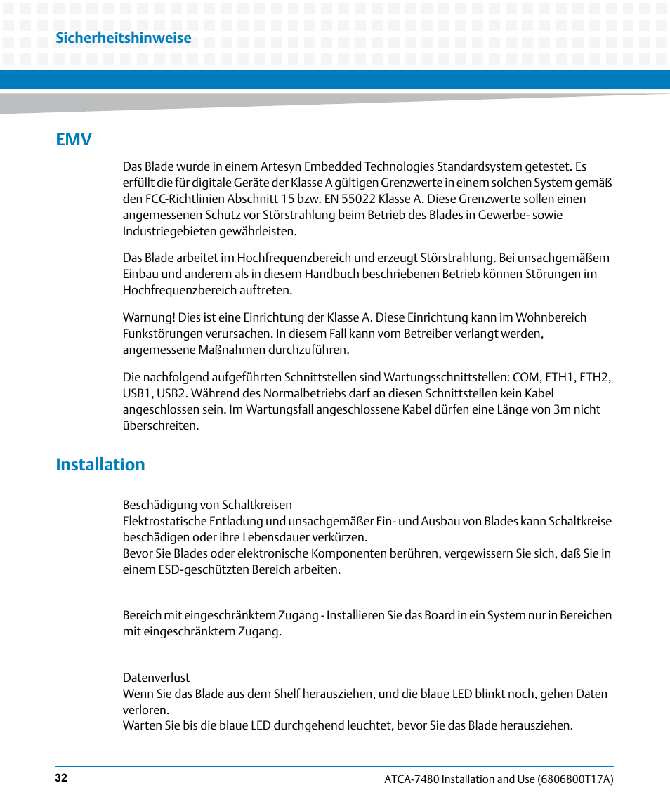 Installation | Artesyn ATCA-7480 Installation and Use (February 2015) User Manual | Page 32 / 330