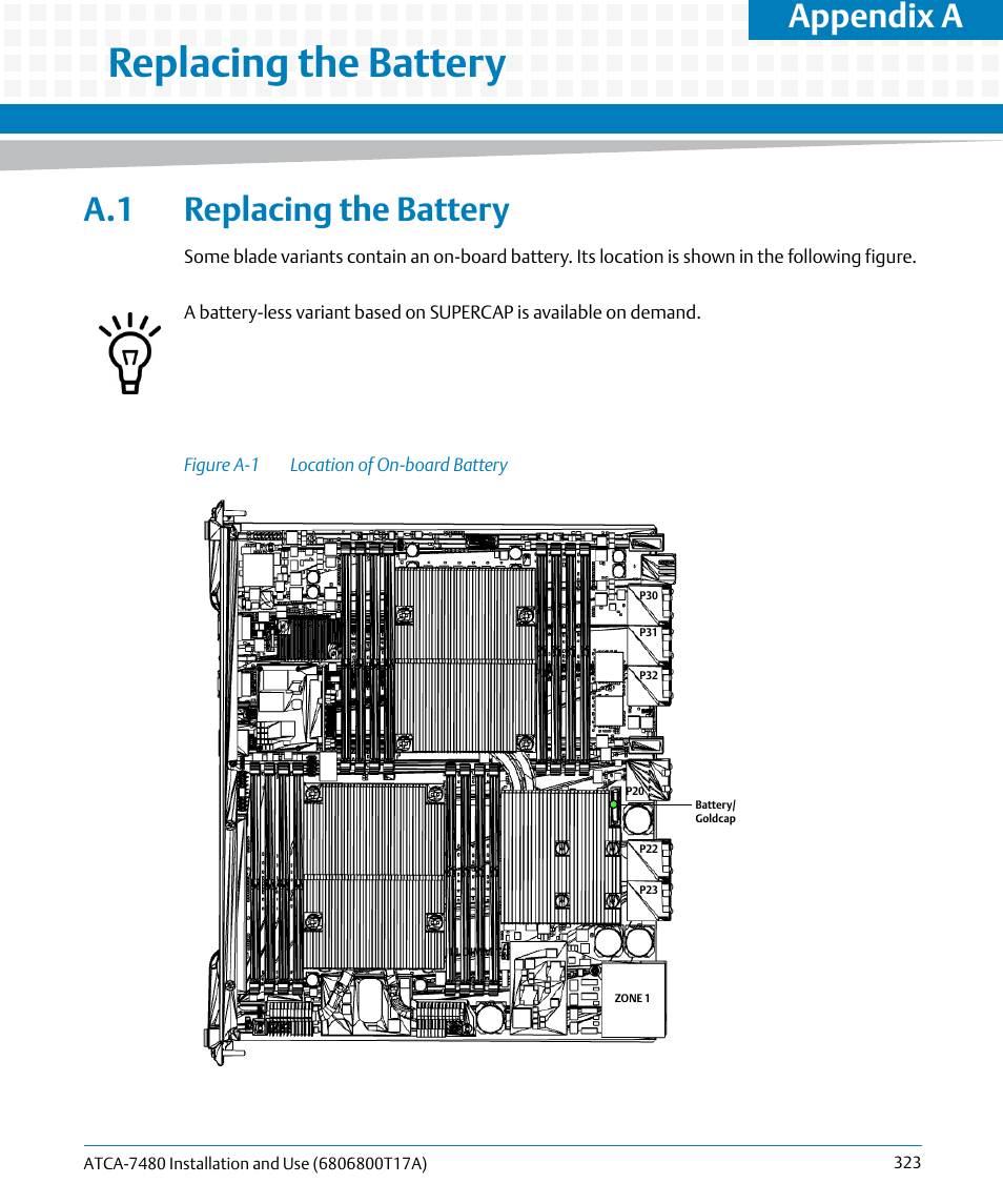 A replacing the battery, A.1 replacing the battery, Figure a-1 | Location of on-board battery, Replacing the battery, Appendix a | Artesyn ATCA-7480 Installation and Use (February 2015) User Manual | Page 323 / 330