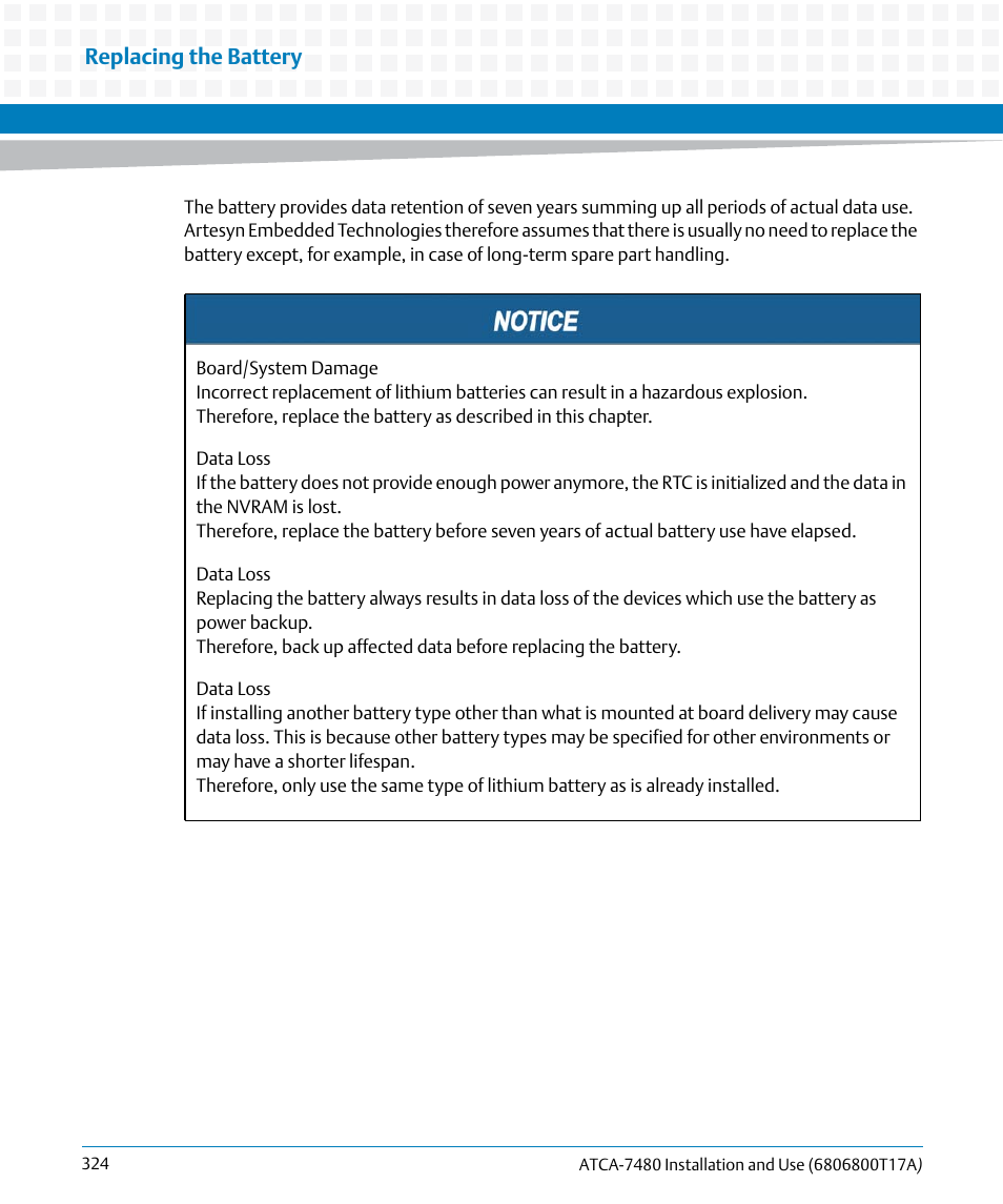 Replacing the battery | Artesyn ATCA-7480 Installation and Use (February 2015) User Manual | Page 324 / 330