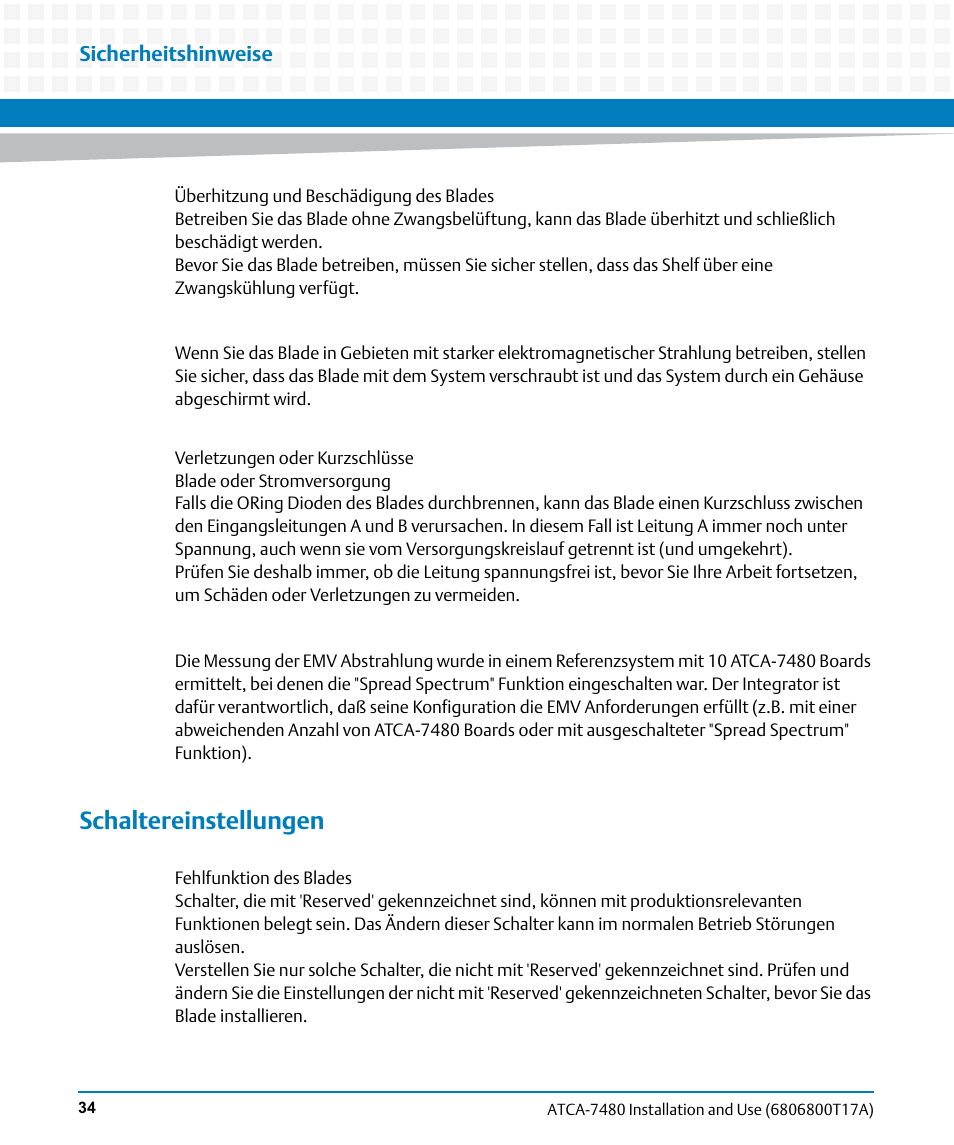 Schaltereinstellungen, Sicherheitshinweise | Artesyn ATCA-7480 Installation and Use (February 2015) User Manual | Page 34 / 330