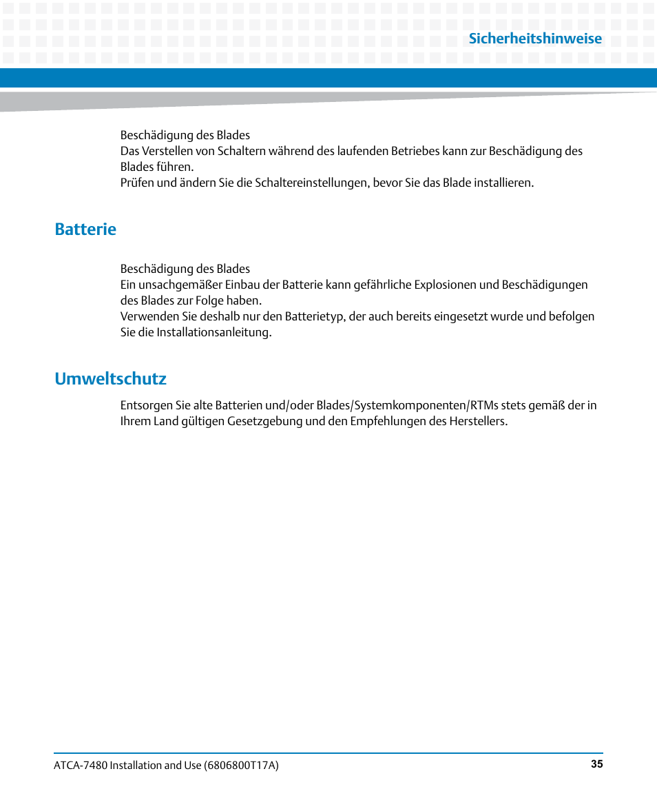 Batterie, Umweltschutz | Artesyn ATCA-7480 Installation and Use (February 2015) User Manual | Page 35 / 330