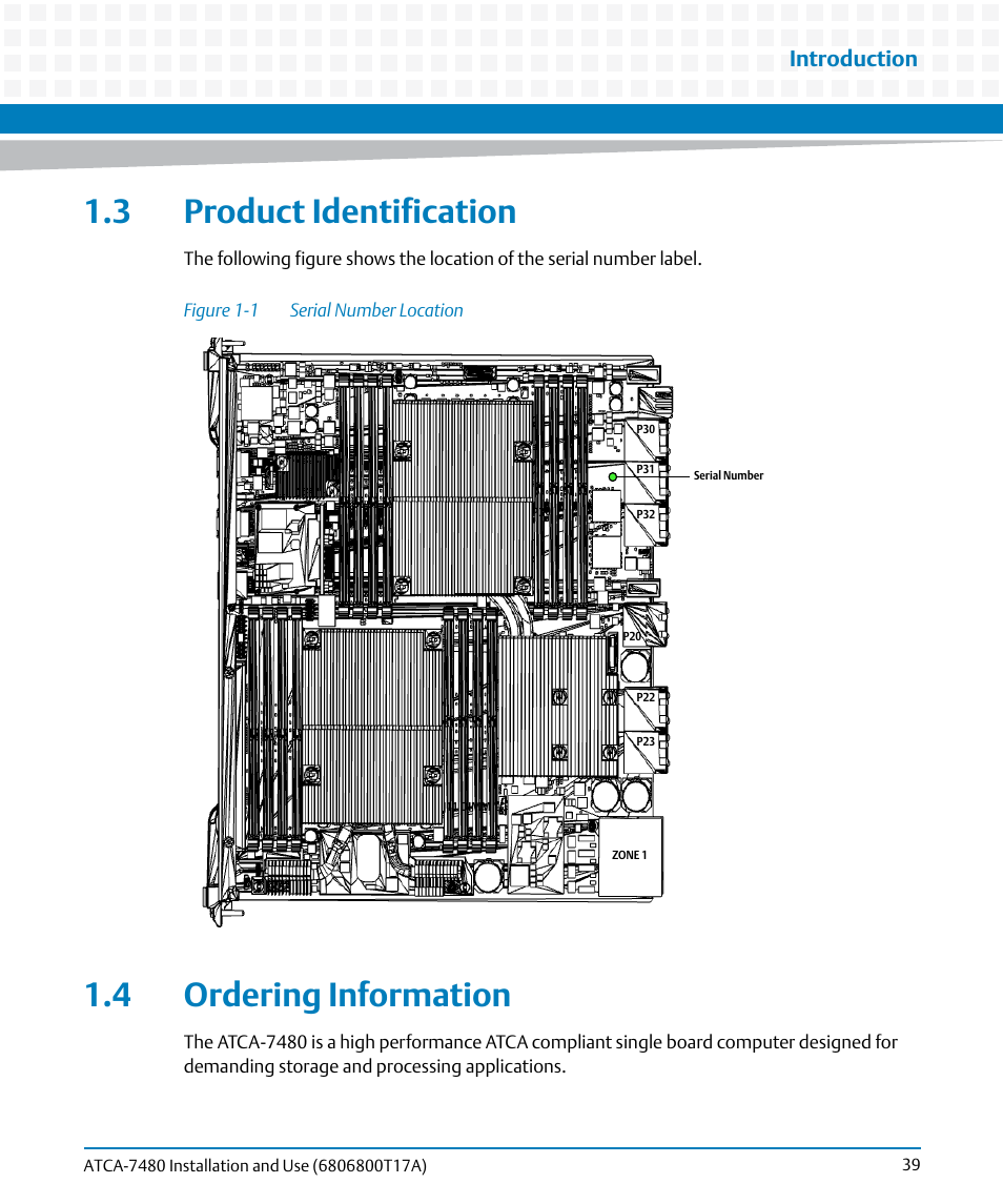 3 product identification, 4 ordering information, 3 product identification 1.4 ordering information | Figure 1-1, Serial number location, Introduction | Artesyn ATCA-7480 Installation and Use (February 2015) User Manual | Page 39 / 330
