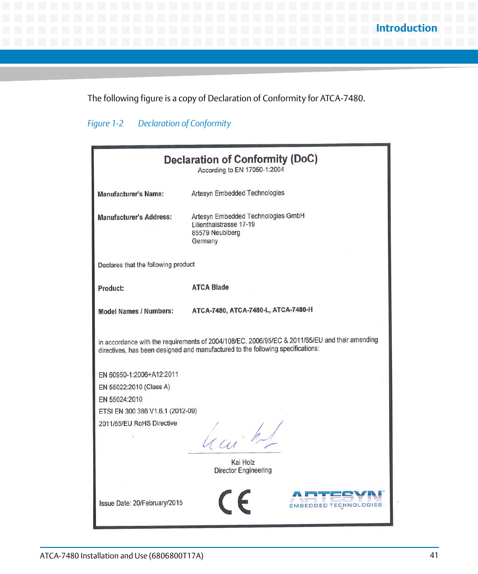 Figure 1-2, Declaration of conformity, Introduction | Artesyn ATCA-7480 Installation and Use (February 2015) User Manual | Page 41 / 330