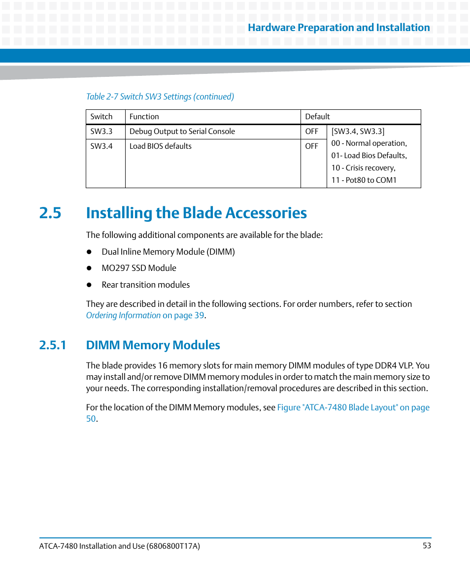 5 installing the blade accessories, 1 dimm memory modules, Hardware preparation and installation | Artesyn ATCA-7480 Installation and Use (February 2015) User Manual | Page 53 / 330