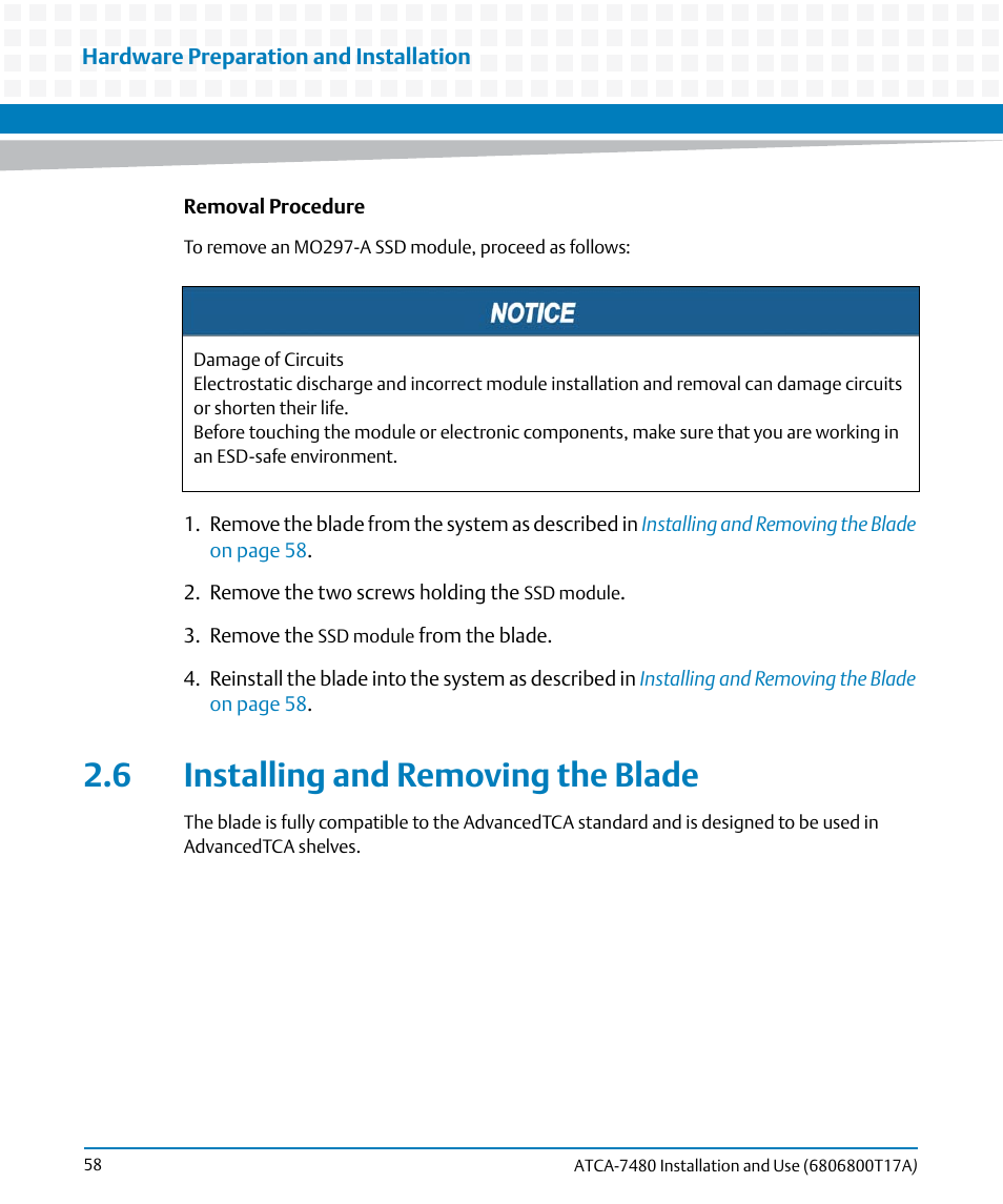 6 installing and removing the blade, Installing and removing the blade, Scribed in | Artesyn ATCA-7480 Installation and Use (February 2015) User Manual | Page 58 / 330