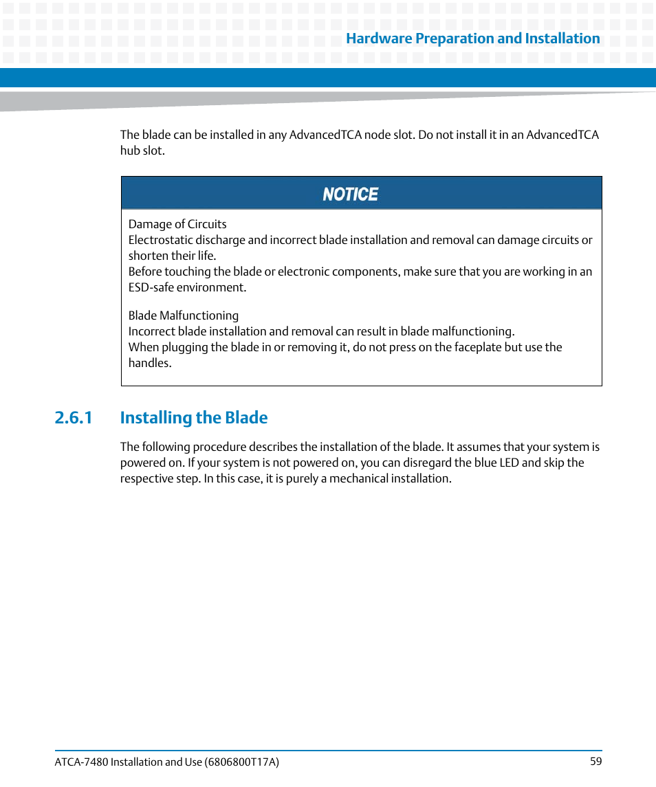 1 installing the blade | Artesyn ATCA-7480 Installation and Use (February 2015) User Manual | Page 59 / 330