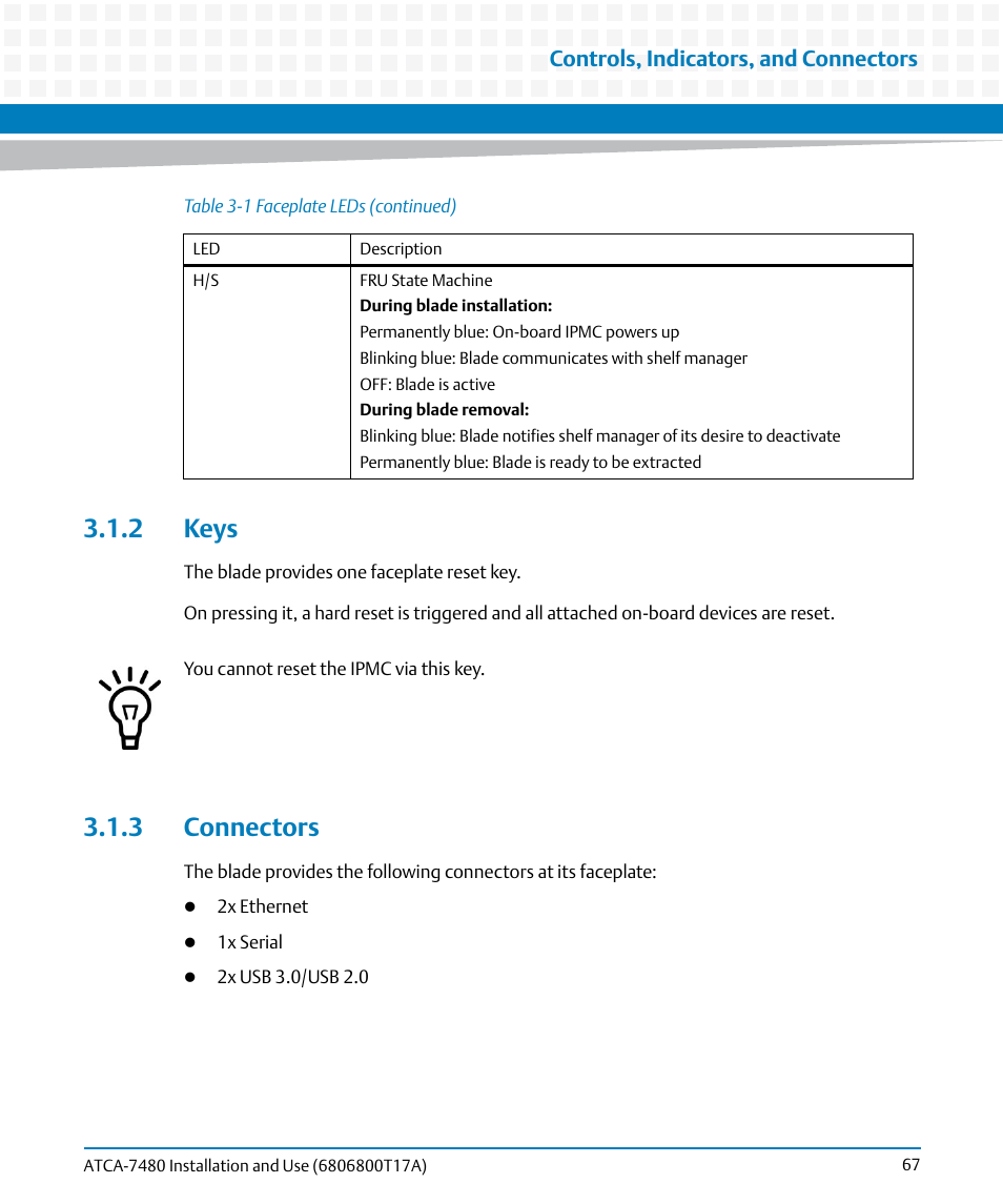 2 keys, 3 connectors, 2 keys 3.1.3 connectors | Artesyn ATCA-7480 Installation and Use (February 2015) User Manual | Page 67 / 330