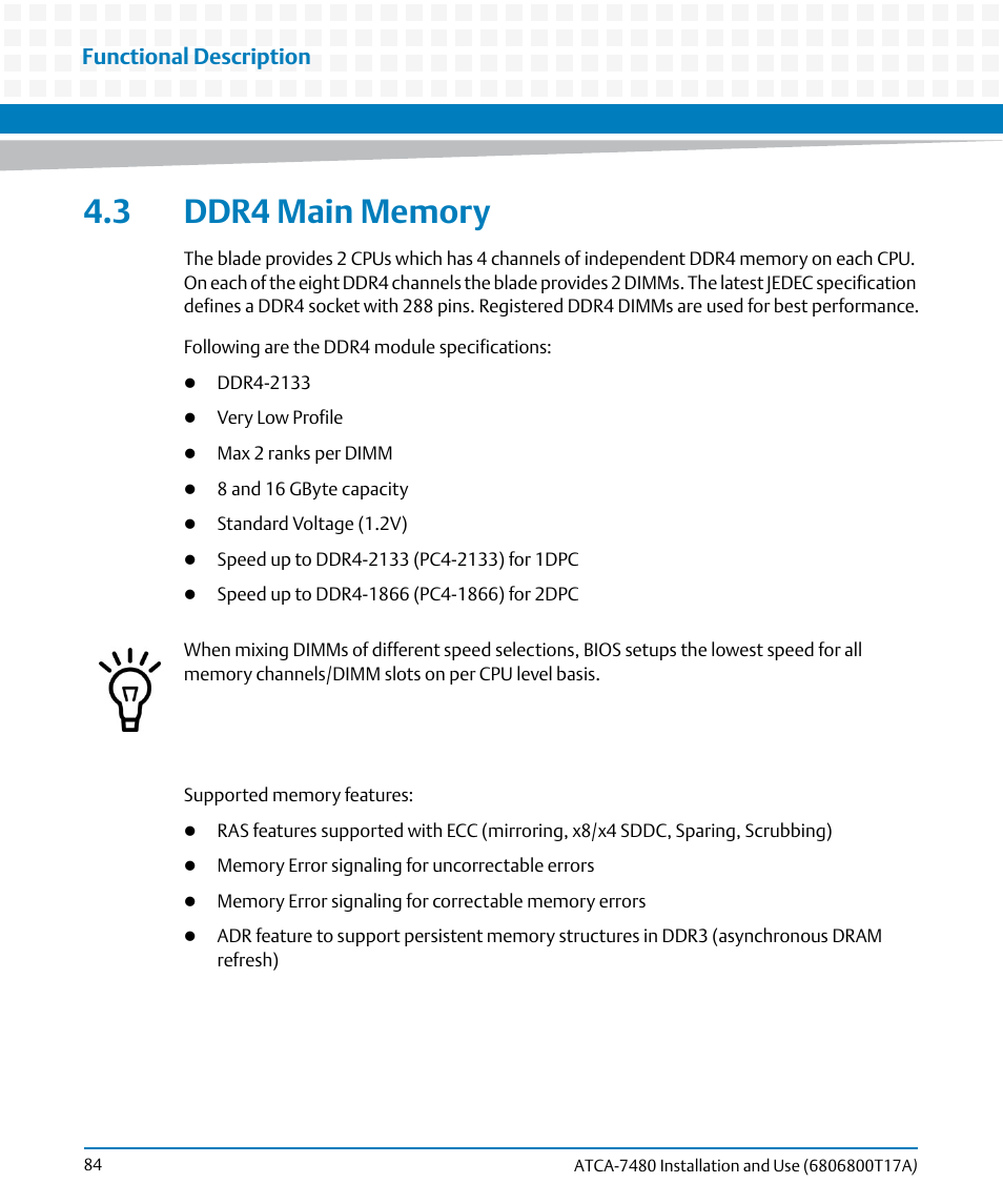 3 ddr4 main memory, Functional description | Artesyn ATCA-7480 Installation and Use (February 2015) User Manual | Page 84 / 330