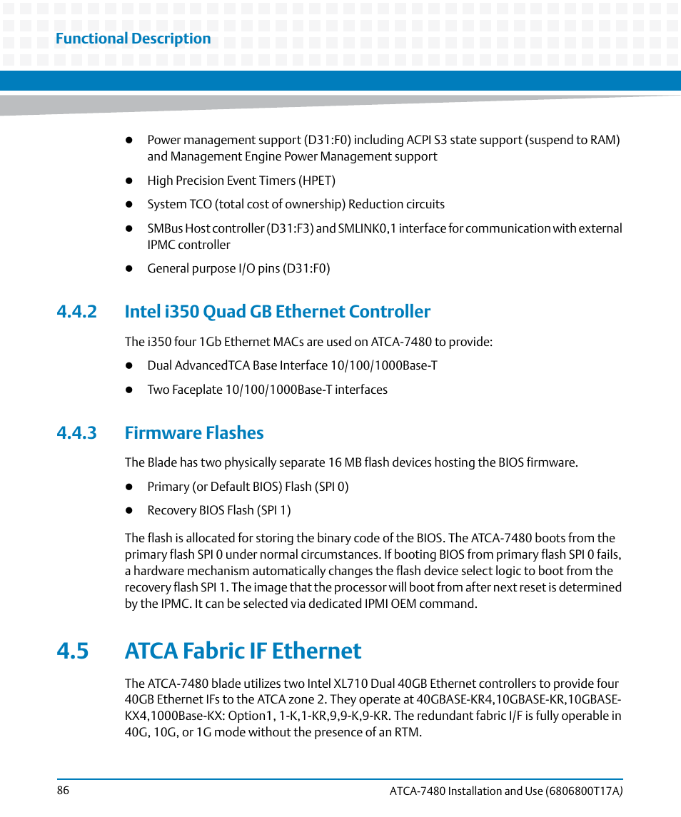 2 intel i350 quad gb ethernet controller, 3 firmware flashes, 5 atca fabric if ethernet | Artesyn ATCA-7480 Installation and Use (February 2015) User Manual | Page 86 / 330