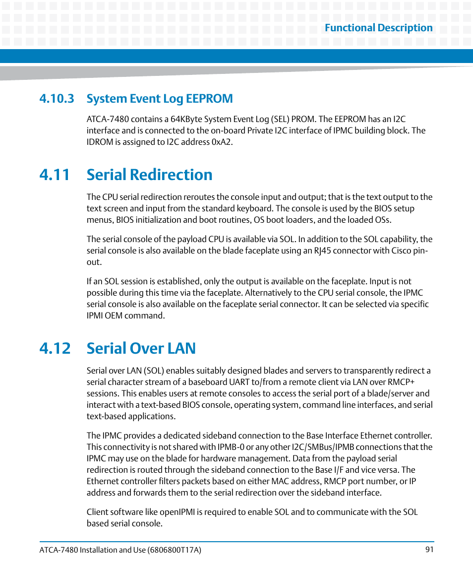 3 system event log eeprom, 11 serial redirection, 12 serial over lan | 11 serial redirection 4.12 serial over lan | Artesyn ATCA-7480 Installation and Use (February 2015) User Manual | Page 91 / 330