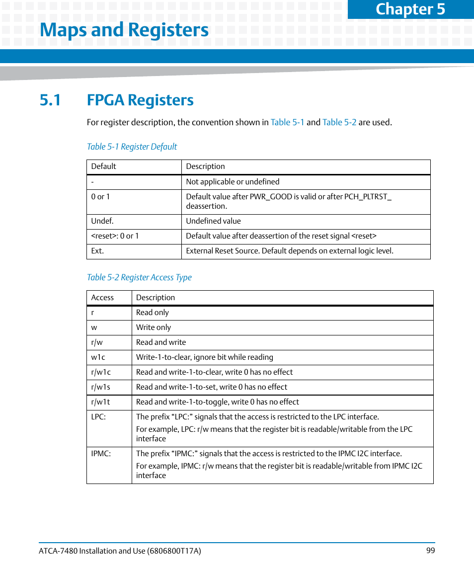 Maps and registers, 1 fpga registers, Table 5-1 | Register default, Table 5-2, Register access type, Chapter 5 | Artesyn ATCA-7480 Installation and Use (February 2015) User Manual | Page 99 / 330