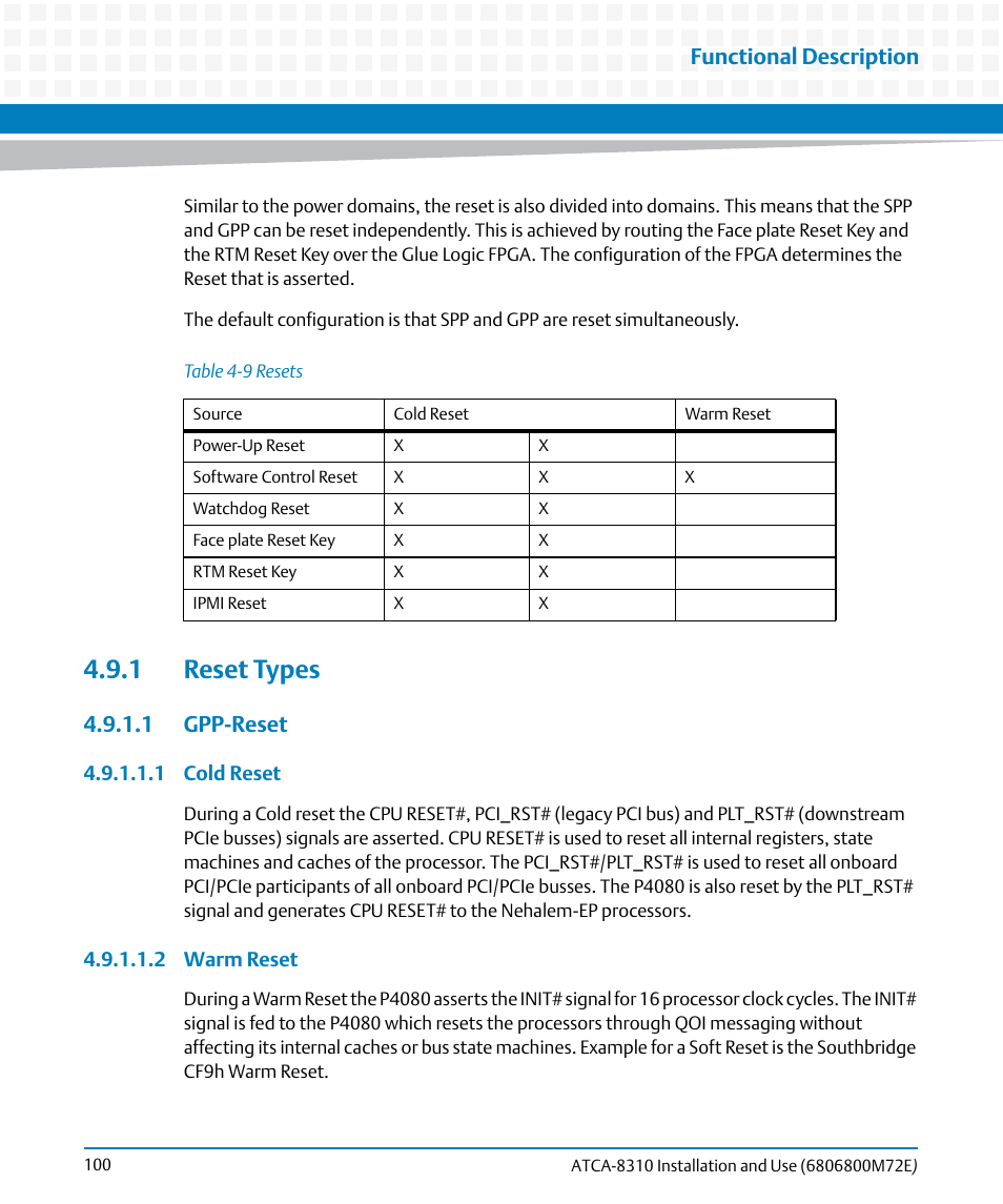 1 reset types, 1 gpp-reset, Table 4-9 | Resets, Functional description | Artesyn ATCA-8310 Installation and Use (May 2014) User Manual | Page 100 / 456