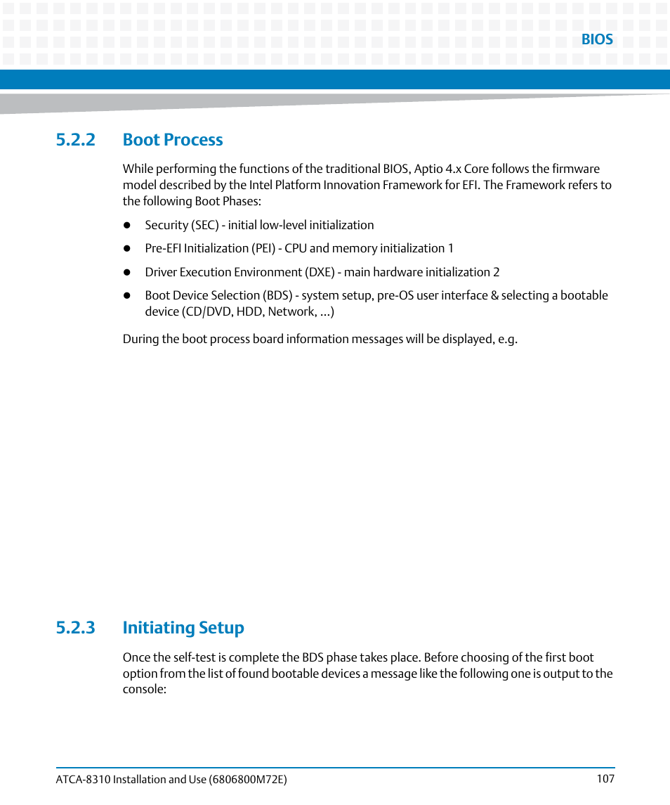 2 boot process, 3 initiating setup, 2 boot process 5.2.3 initiating setup | Artesyn ATCA-8310 Installation and Use (May 2014) User Manual | Page 107 / 456