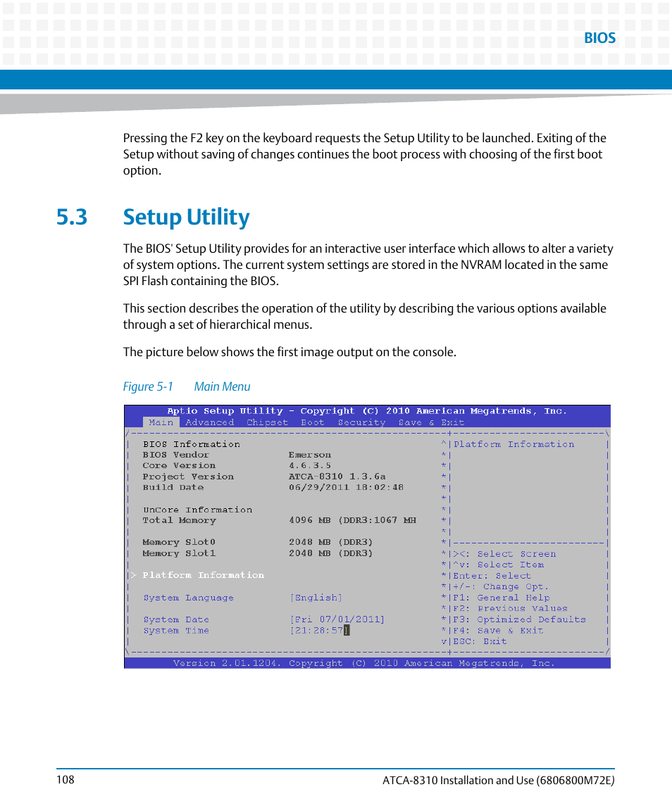 3 setup utility, Figure 5-1, Main menu | Artesyn ATCA-8310 Installation and Use (May 2014) User Manual | Page 108 / 456