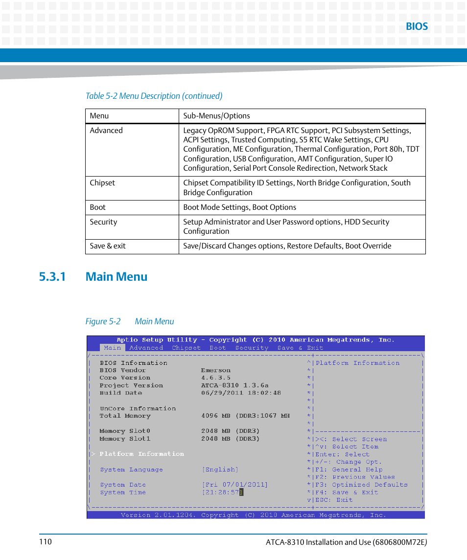 1 main menu, Figure 5-2, Main menu | Bios | Artesyn ATCA-8310 Installation and Use (May 2014) User Manual | Page 110 / 456