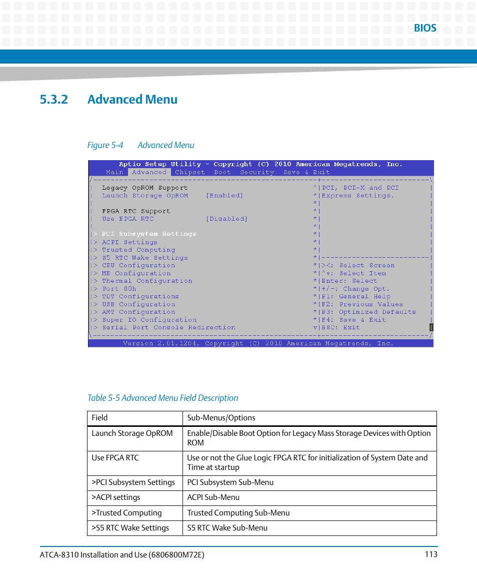 2 advanced menu, Table 5-5, Advanced menu field description | Figure 5-4, Advanced menu, Bios | Artesyn ATCA-8310 Installation and Use (May 2014) User Manual | Page 113 / 456