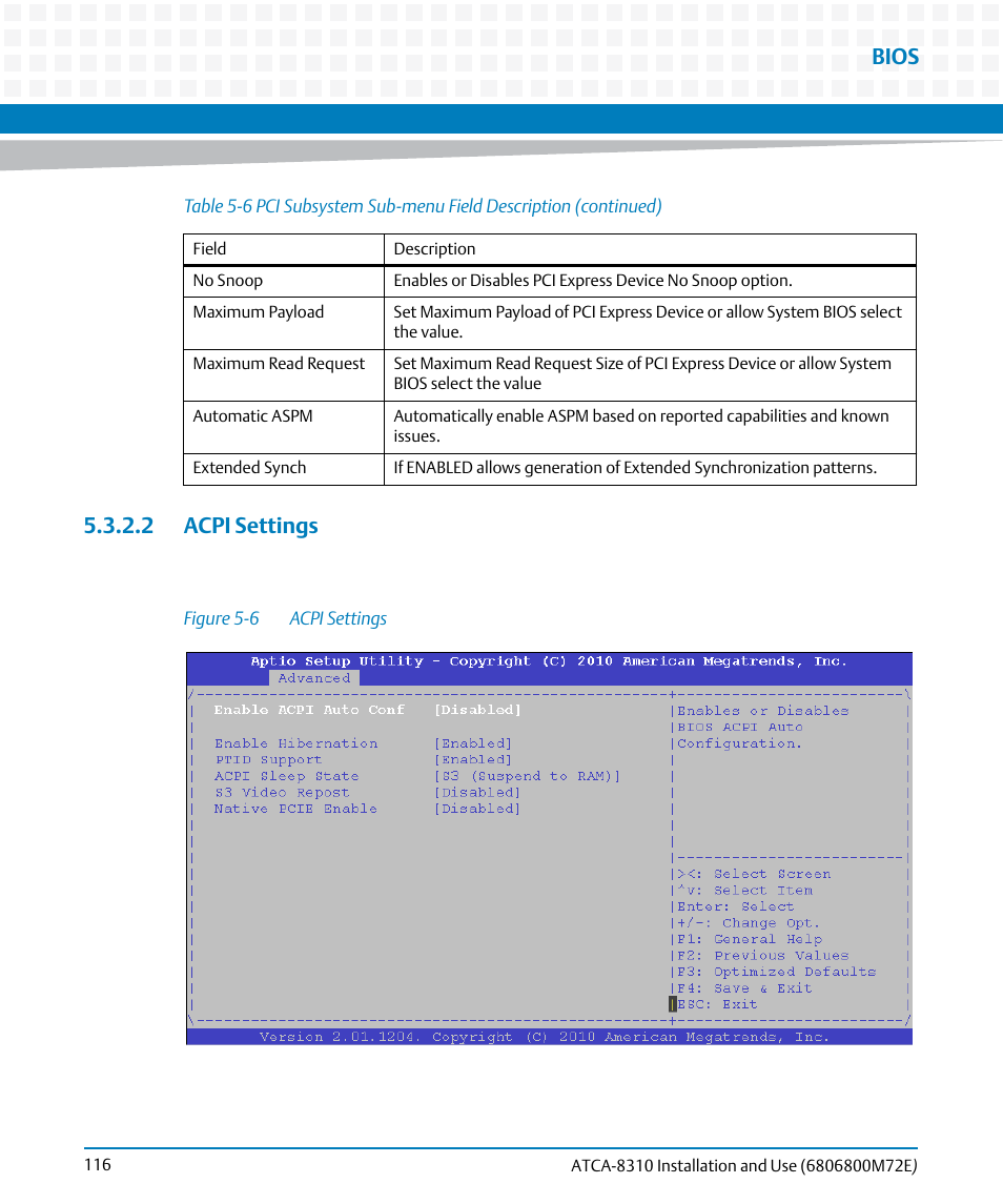 2 acpi settings, Figure 5-6, Acpi settings | Bios | Artesyn ATCA-8310 Installation and Use (May 2014) User Manual | Page 116 / 456