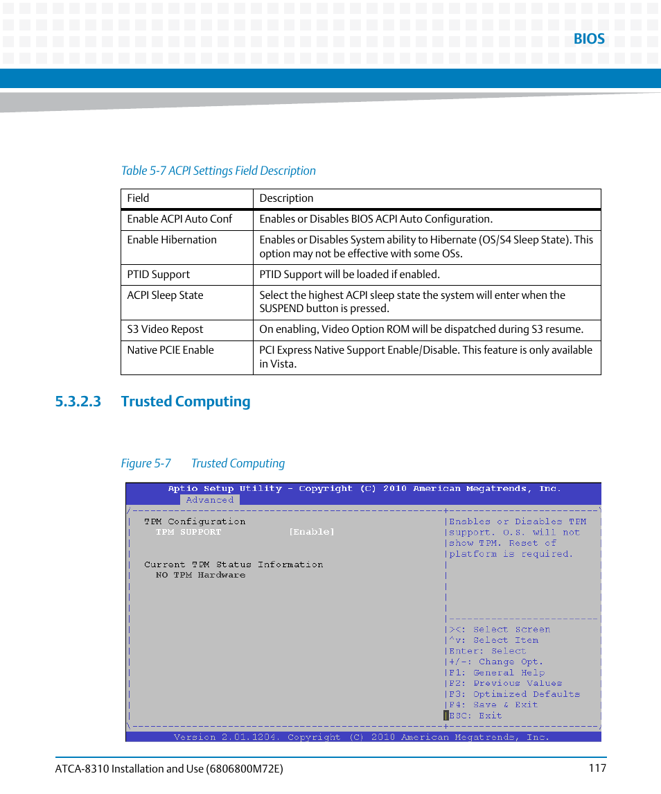 3 trusted computing, Table 5-7, Acpi settings field description | Figure 5-7, Trusted computing, Bios | Artesyn ATCA-8310 Installation and Use (May 2014) User Manual | Page 117 / 456