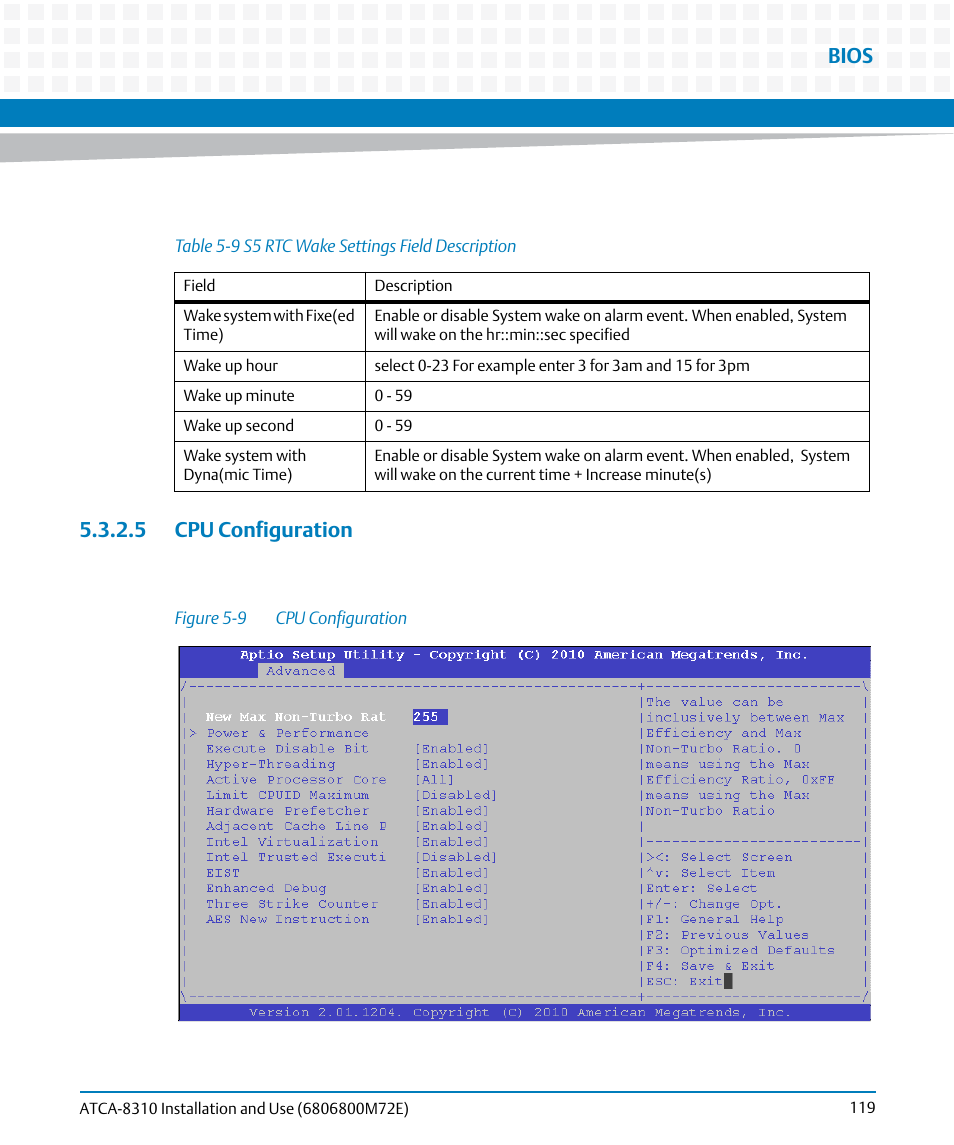 5 cpu configuration, Table 5-9, S5 rtc wake settings field description | Figure 5-9, Cpu configuration, Bios | Artesyn ATCA-8310 Installation and Use (May 2014) User Manual | Page 119 / 456