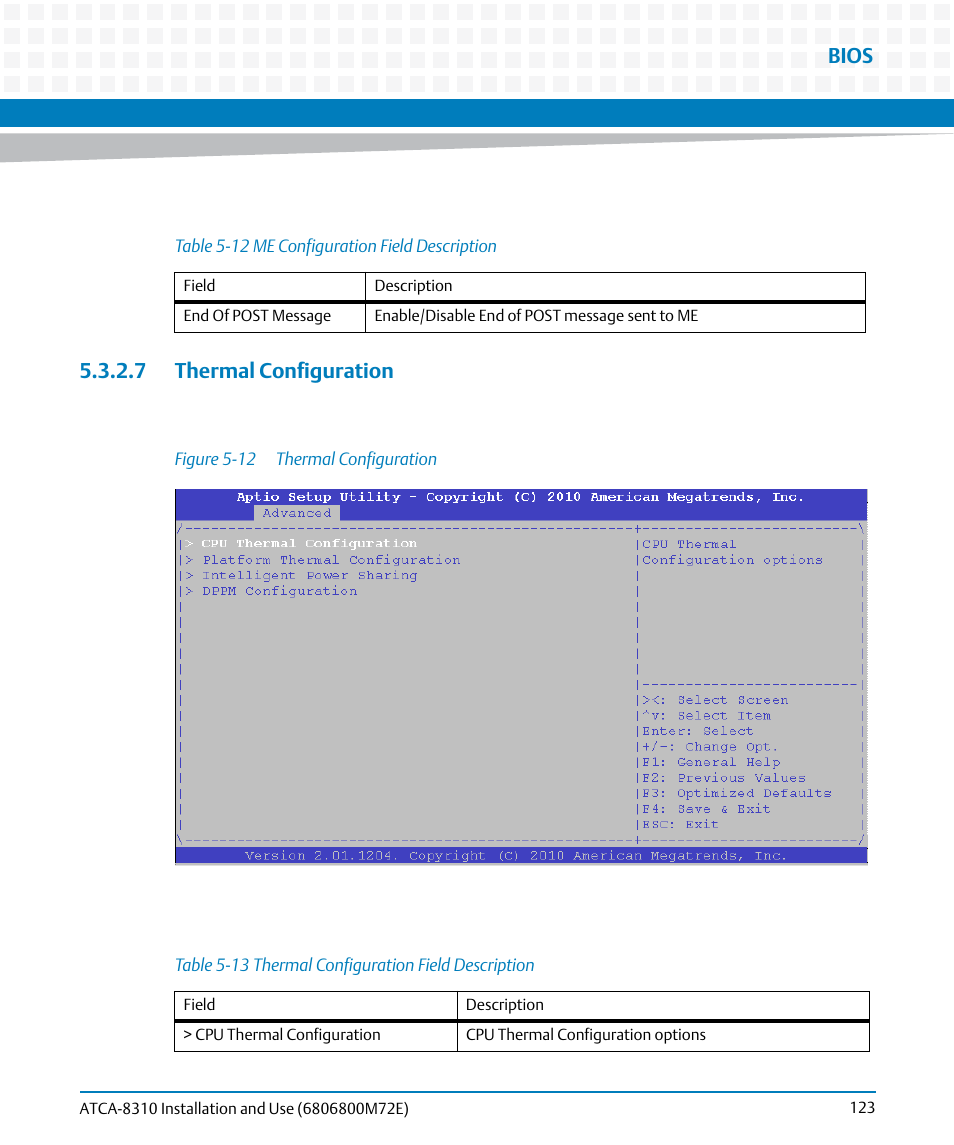 7 thermal configuration, Table 5-12, Me configuration field description | Table 5-13, Thermal configuration field description, Figure 5-12, Thermal configuration, Bios | Artesyn ATCA-8310 Installation and Use (May 2014) User Manual | Page 123 / 456