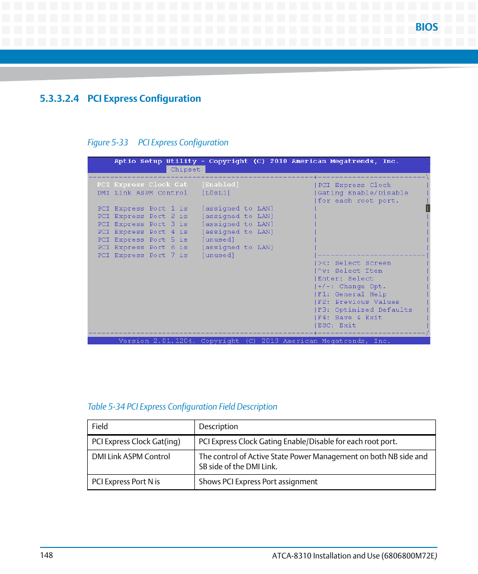 Table 5-34, Pci express configuration field description, Figure 5-33 | Pci express configuration, Bios | Artesyn ATCA-8310 Installation and Use (May 2014) User Manual | Page 148 / 456