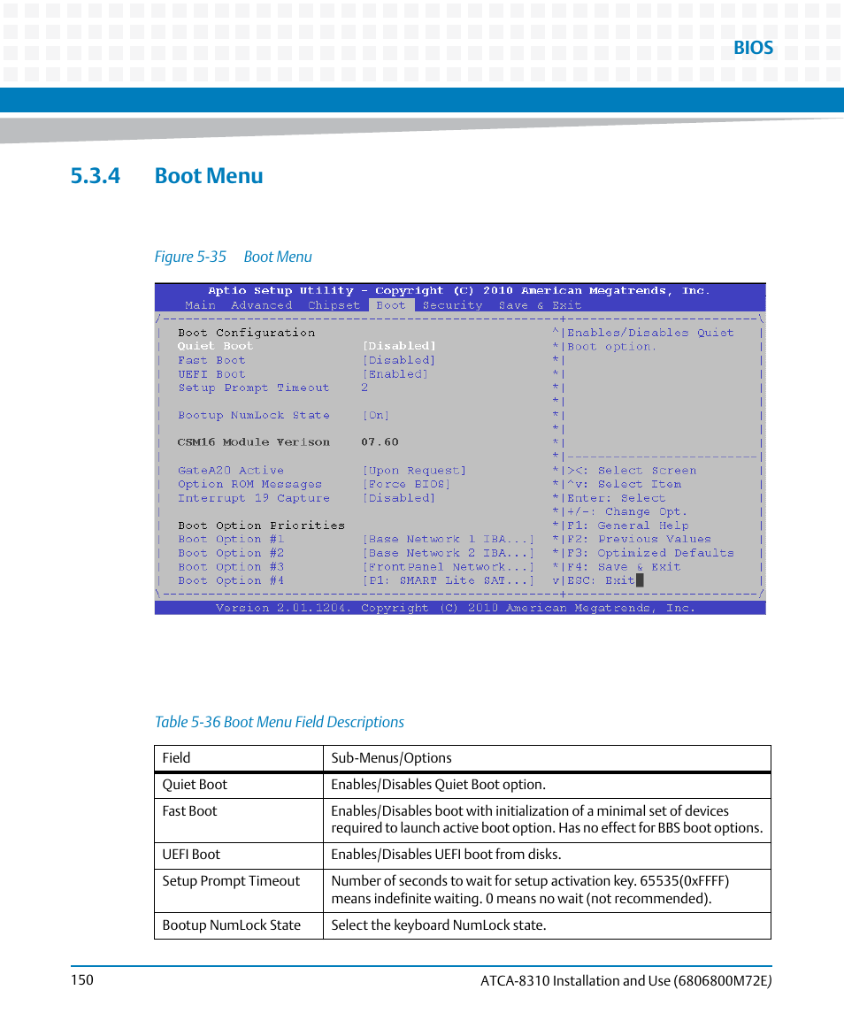 4 boot menu, Table 5-36, Boot menu field descriptions | Figure 5-35, Boot menu, Bios | Artesyn ATCA-8310 Installation and Use (May 2014) User Manual | Page 150 / 456