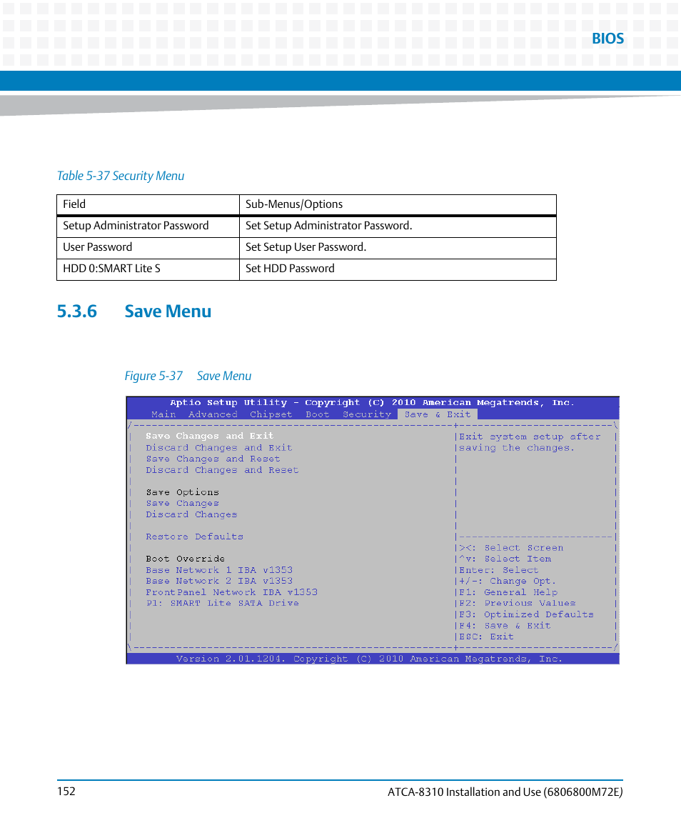 6 save menu, Table 5-37, Security menu | Figure 5-37, Save menu, Bios | Artesyn ATCA-8310 Installation and Use (May 2014) User Manual | Page 152 / 456