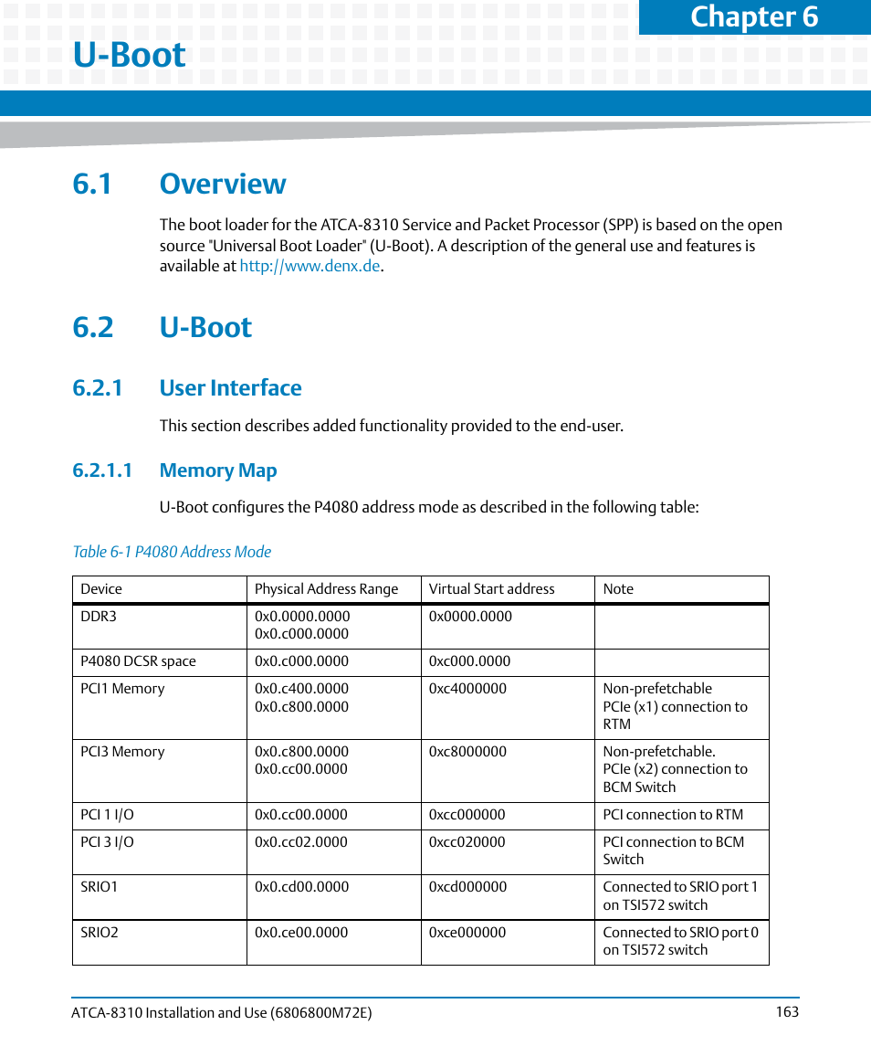 U-boot, 1 overview, 2 u-boot | 1 user interface, 1 memory map, 1 overview 6.2 u-boot, Table 6-1, P4080 address mode, Chapter 6 | Artesyn ATCA-8310 Installation and Use (May 2014) User Manual | Page 163 / 456