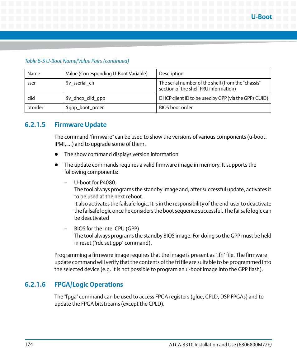 5 firmware update, 6 fpga/logic operations, 5 firmware update 6.2.1.6 fpga/logic operations | U-boot | Artesyn ATCA-8310 Installation and Use (May 2014) User Manual | Page 174 / 456