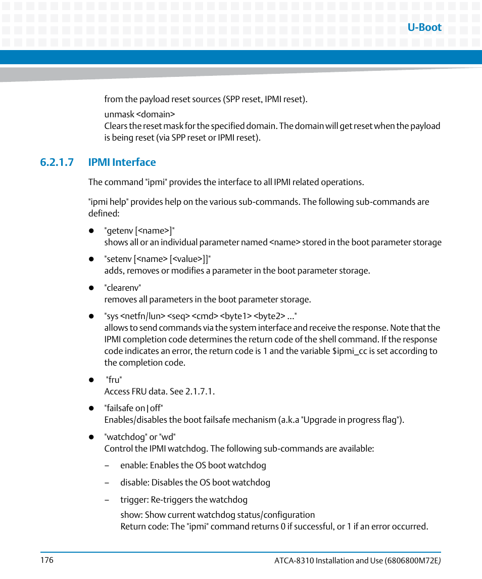 7 ipmi interface, U-boot | Artesyn ATCA-8310 Installation and Use (May 2014) User Manual | Page 176 / 456