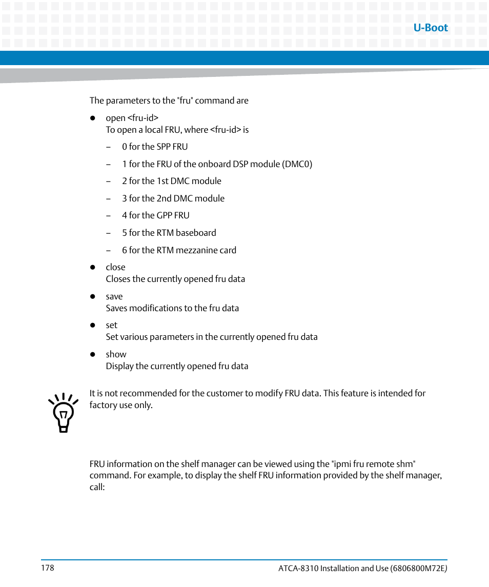 U-boot | Artesyn ATCA-8310 Installation and Use (May 2014) User Manual | Page 178 / 456