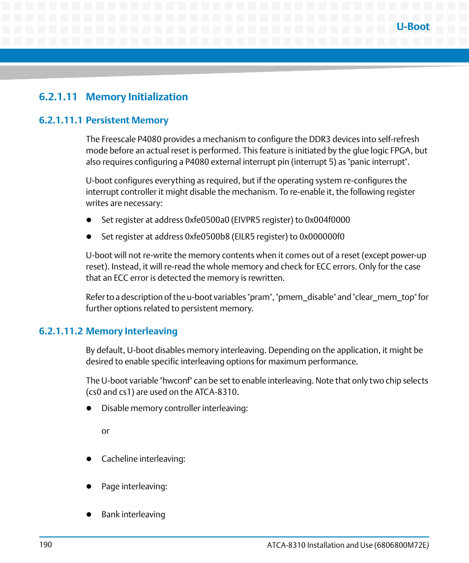11 memory initialization, U-boot | Artesyn ATCA-8310 Installation and Use (May 2014) User Manual | Page 190 / 456