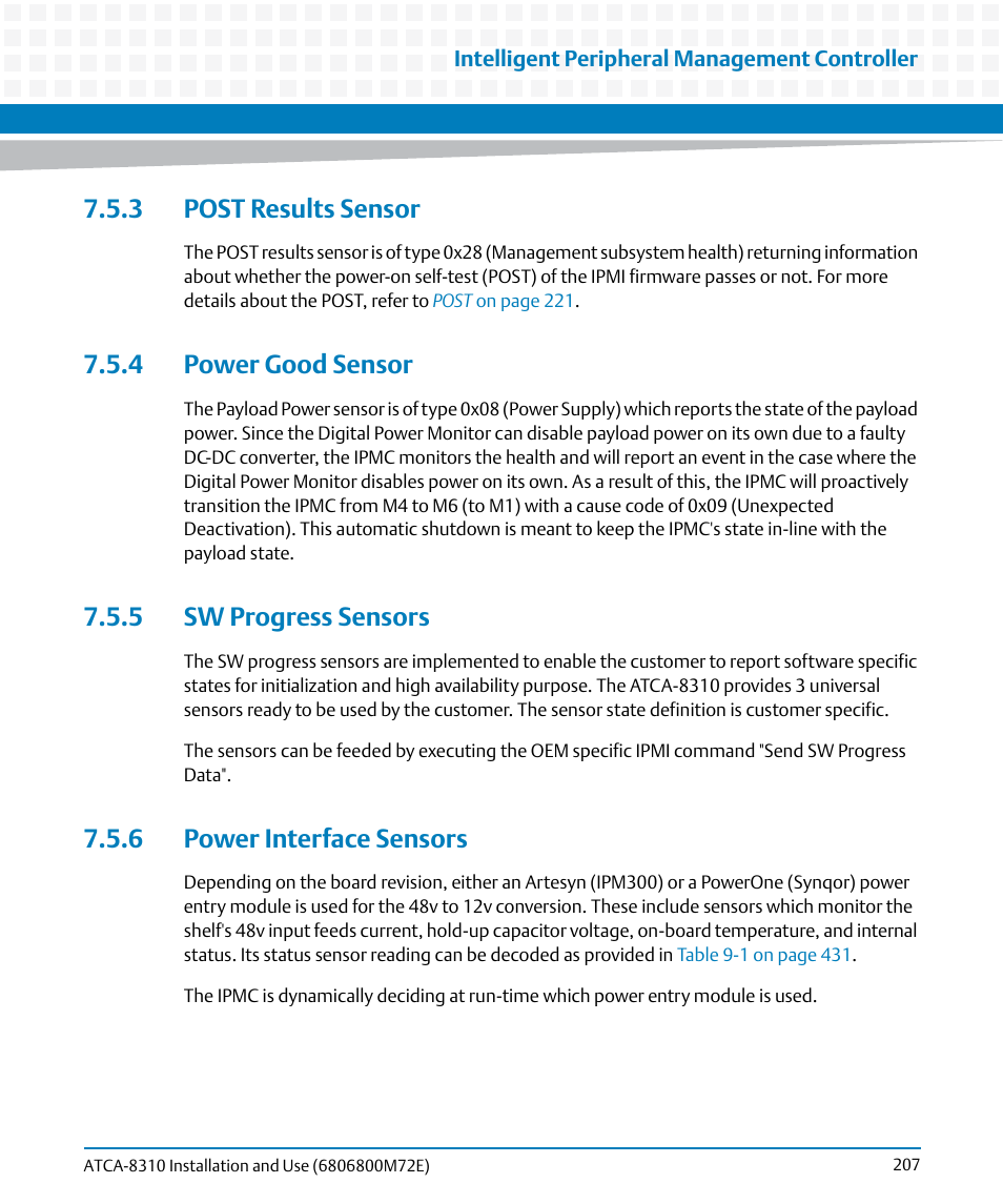 3 post results sensor, 4 power good sensor, 5 sw progress sensors | 6 power interface sensors | Artesyn ATCA-8310 Installation and Use (May 2014) User Manual | Page 207 / 456