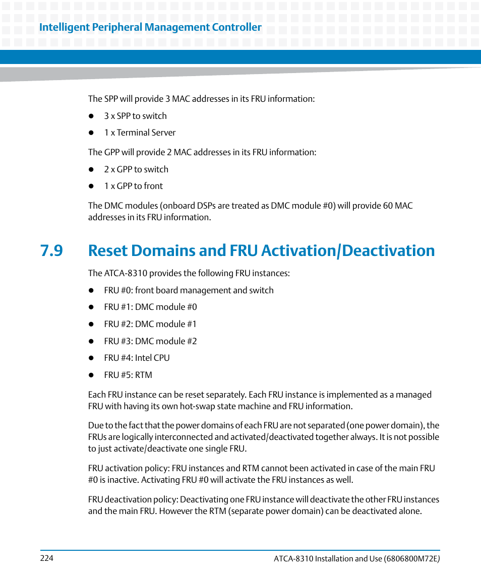 9 reset domains and fru activation/deactivation, Intelligent peripheral management controller | Artesyn ATCA-8310 Installation and Use (May 2014) User Manual | Page 224 / 456