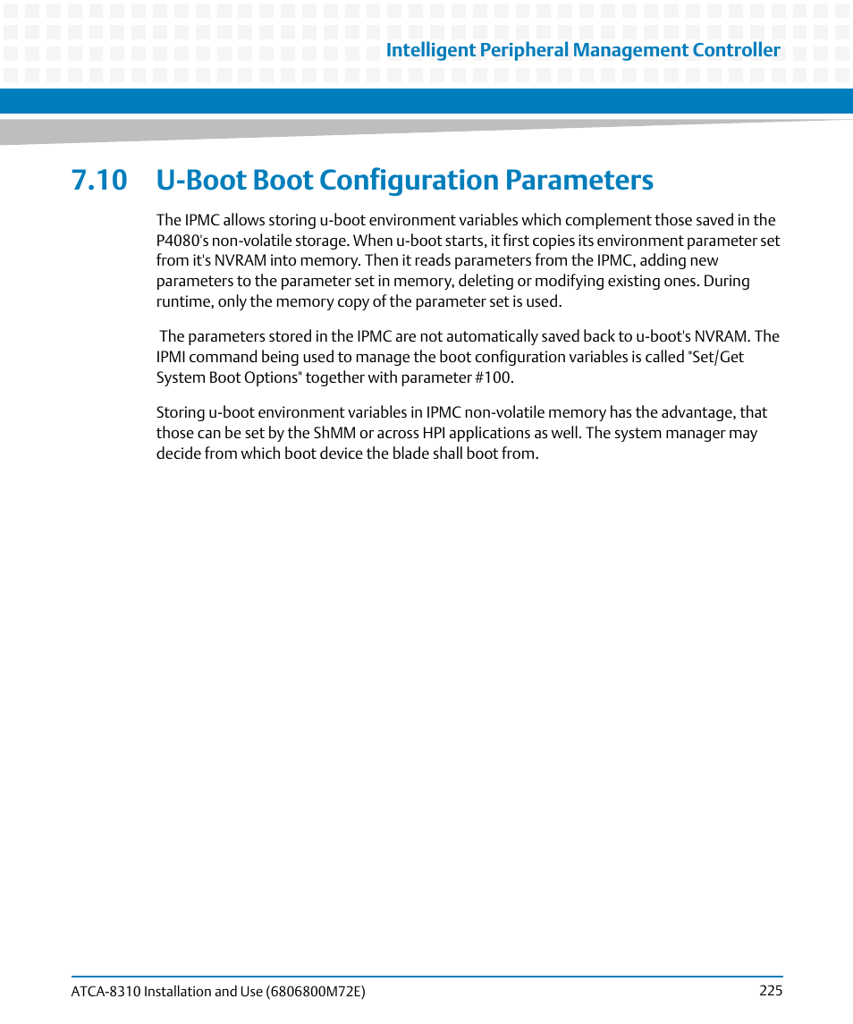 10 u-boot boot configuration parameters | Artesyn ATCA-8310 Installation and Use (May 2014) User Manual | Page 225 / 456