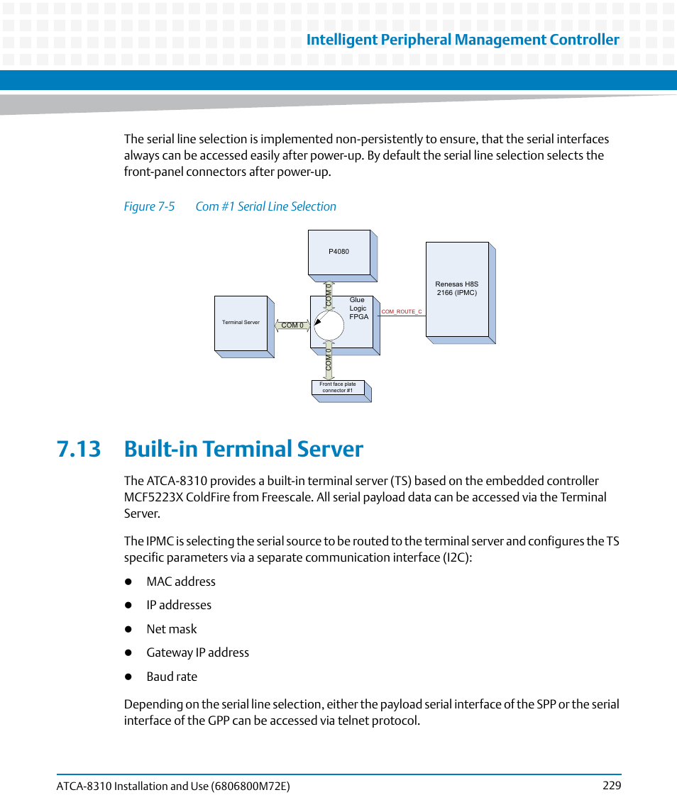 13 built-in terminal server, Figure 7-5, Com #1 serial line selection | Intelligent peripheral management controller, Mac address, Ip addresses, Net mask, Gateway ip address | Artesyn ATCA-8310 Installation and Use (May 2014) User Manual | Page 229 / 456